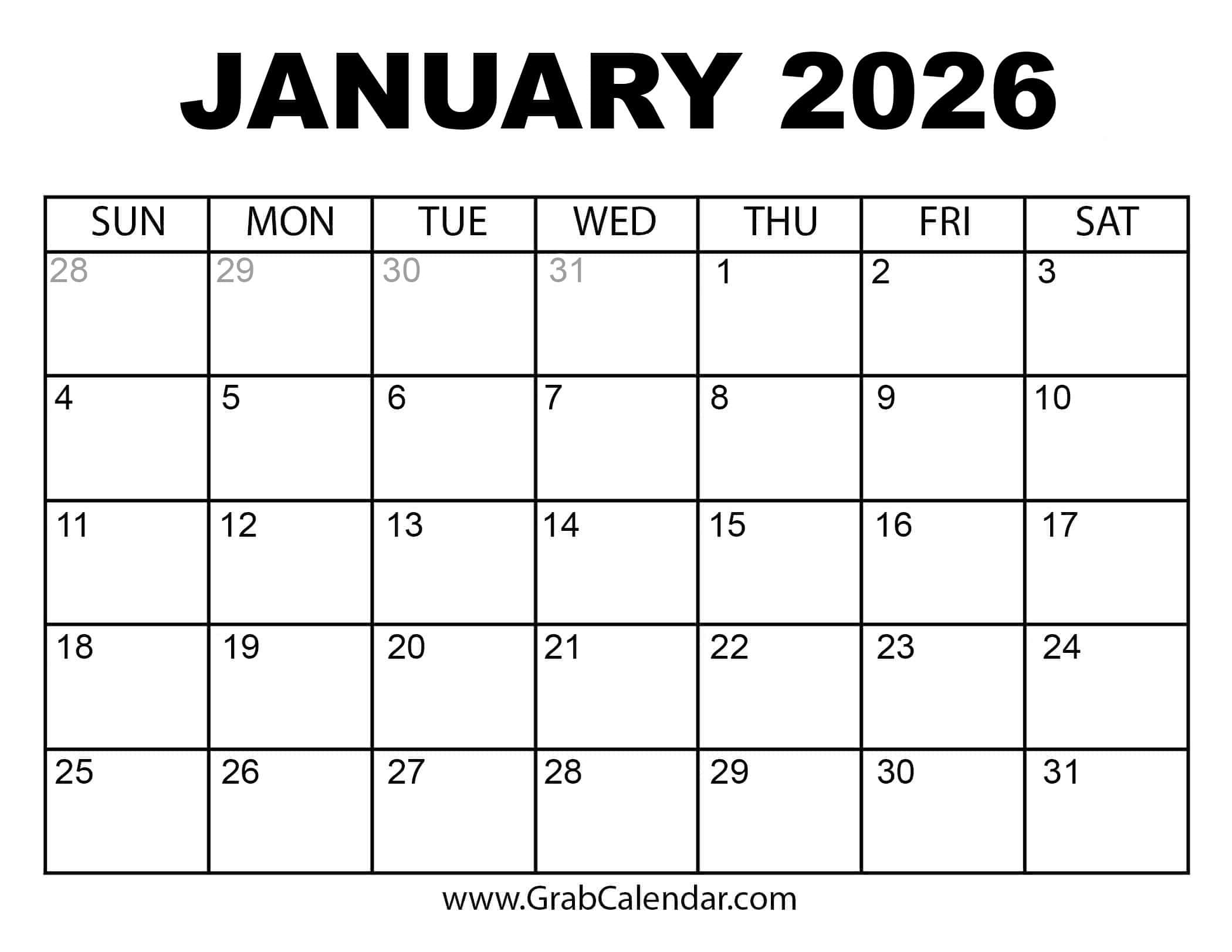 Printable January 2026 Calendar throughout January 2026 Daily Planner Printable