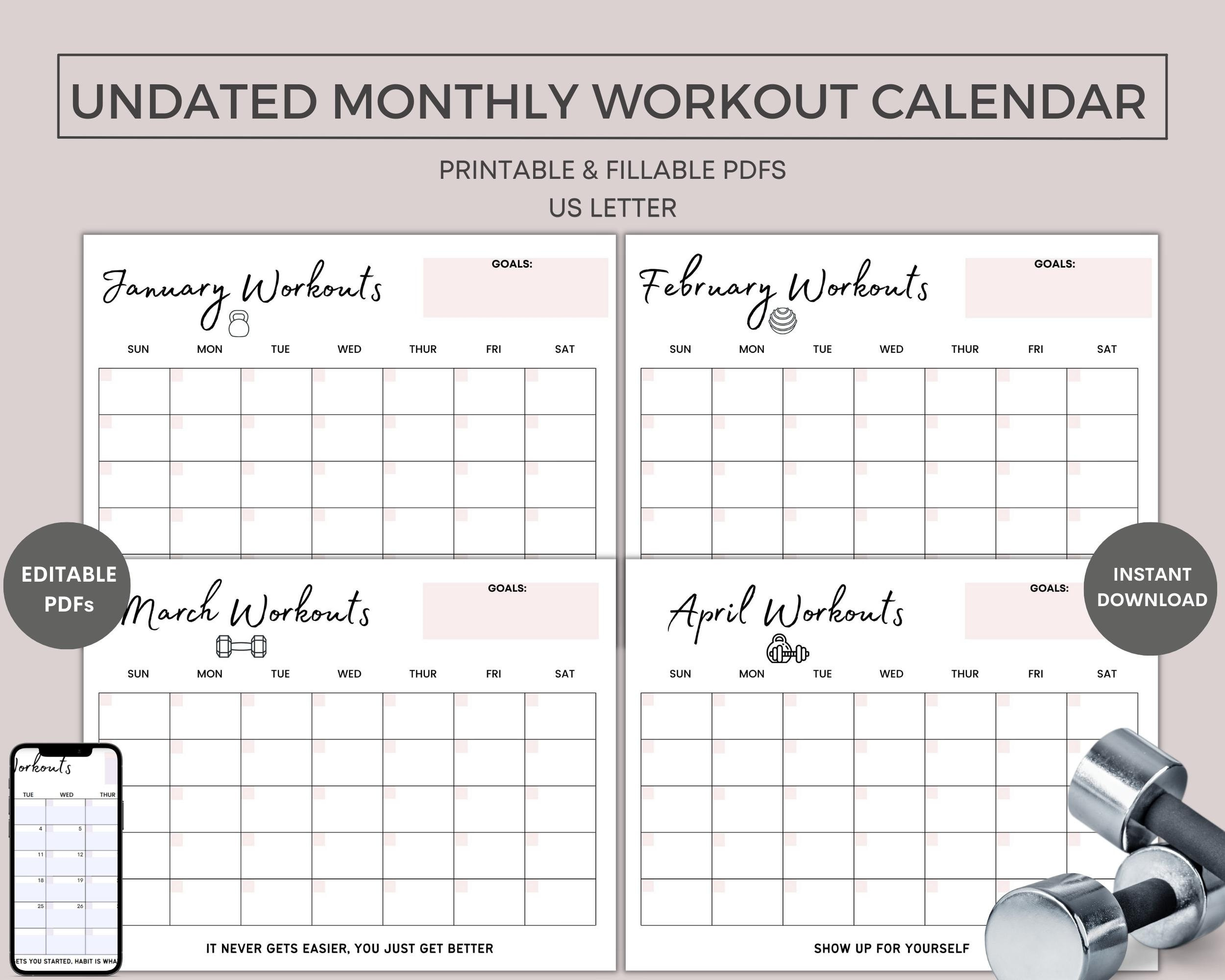 Printable Monthly Workout Calendar, Undated, Fitness Tracker intended for Printable Fitness Tracker Calendar