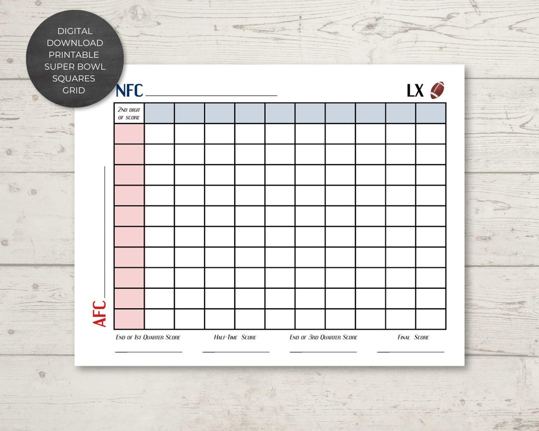 Printable Super Bowl Squares Grid | Instant Digital Download regarding Super Bowl Squares Grid Printable