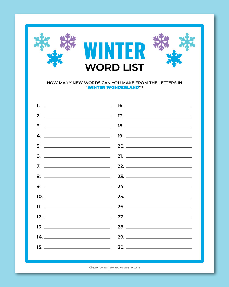 Printable Winter Word List - Chevron Lemon for Winter Word List Printable