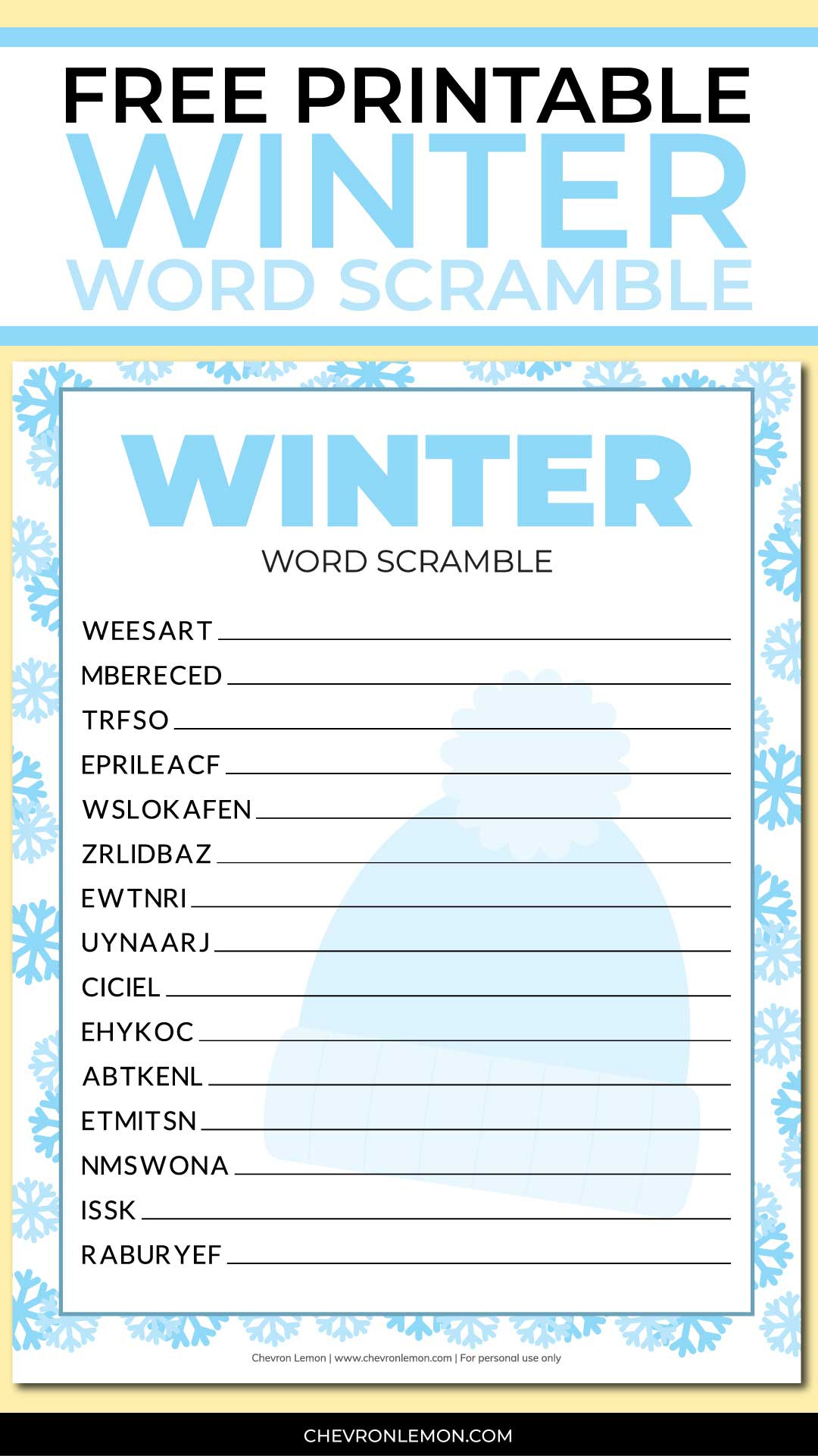 Printable Winter Word Scramble - Chevron Lemon intended for Free Printable Winter Word Scramble