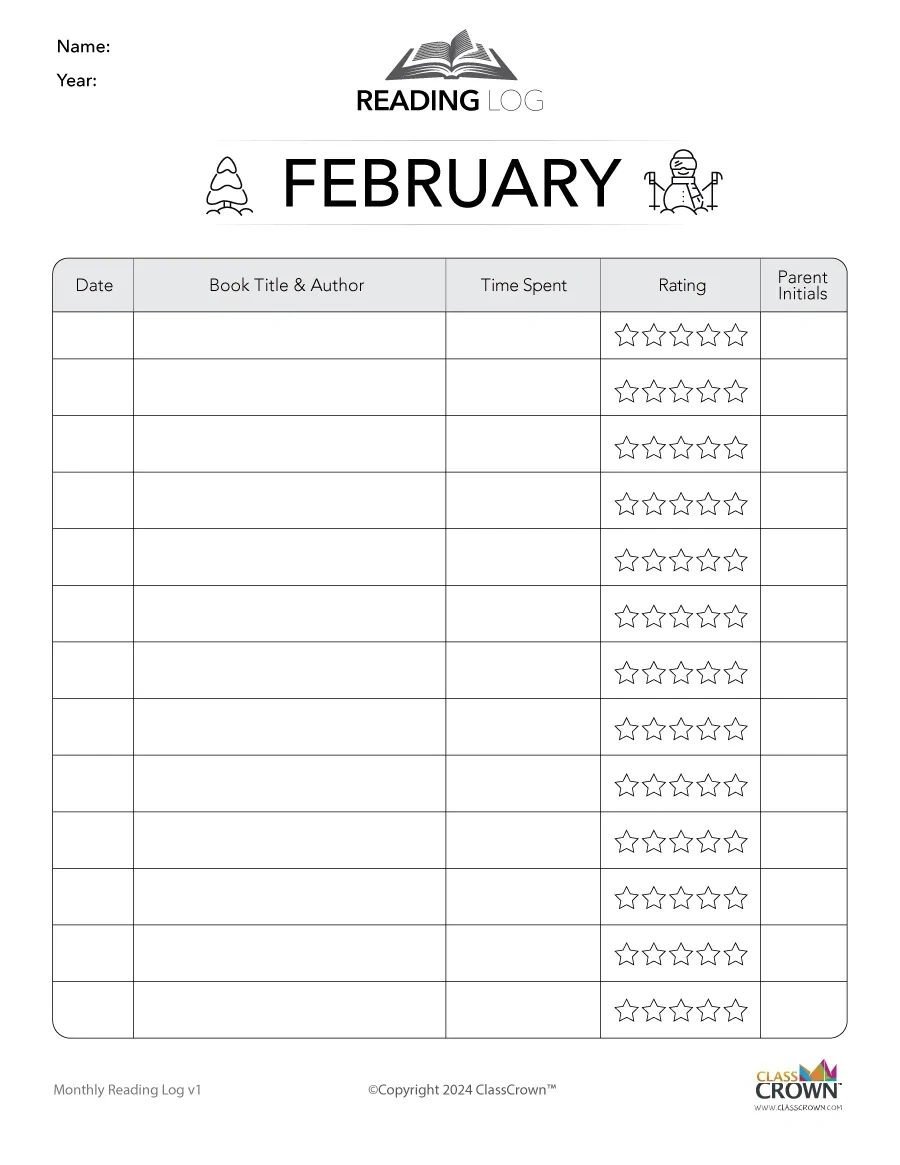 Reading Log: February - Free Reading Charts | Classcrown pertaining to February Reading Log Printable