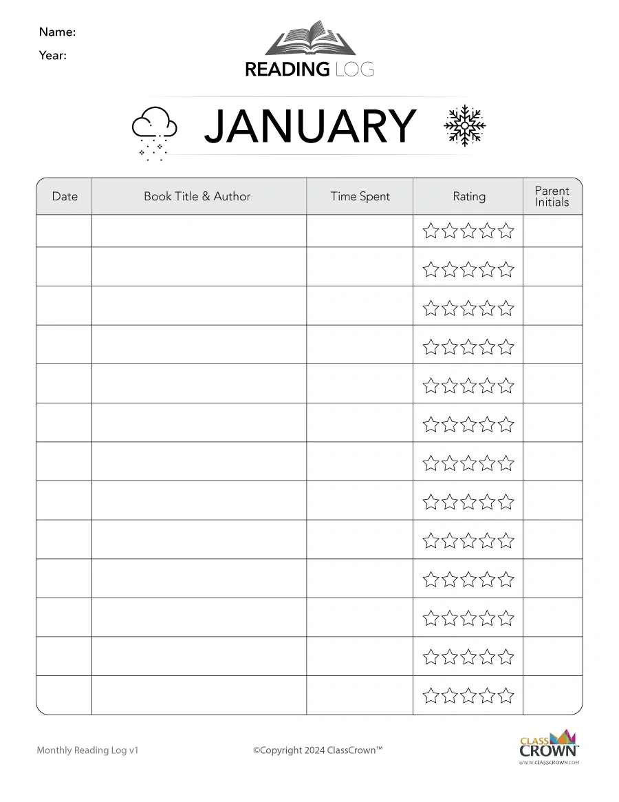 Reading Log: January - Free Reading Charts | Classcrown regarding January Reading Log Printable