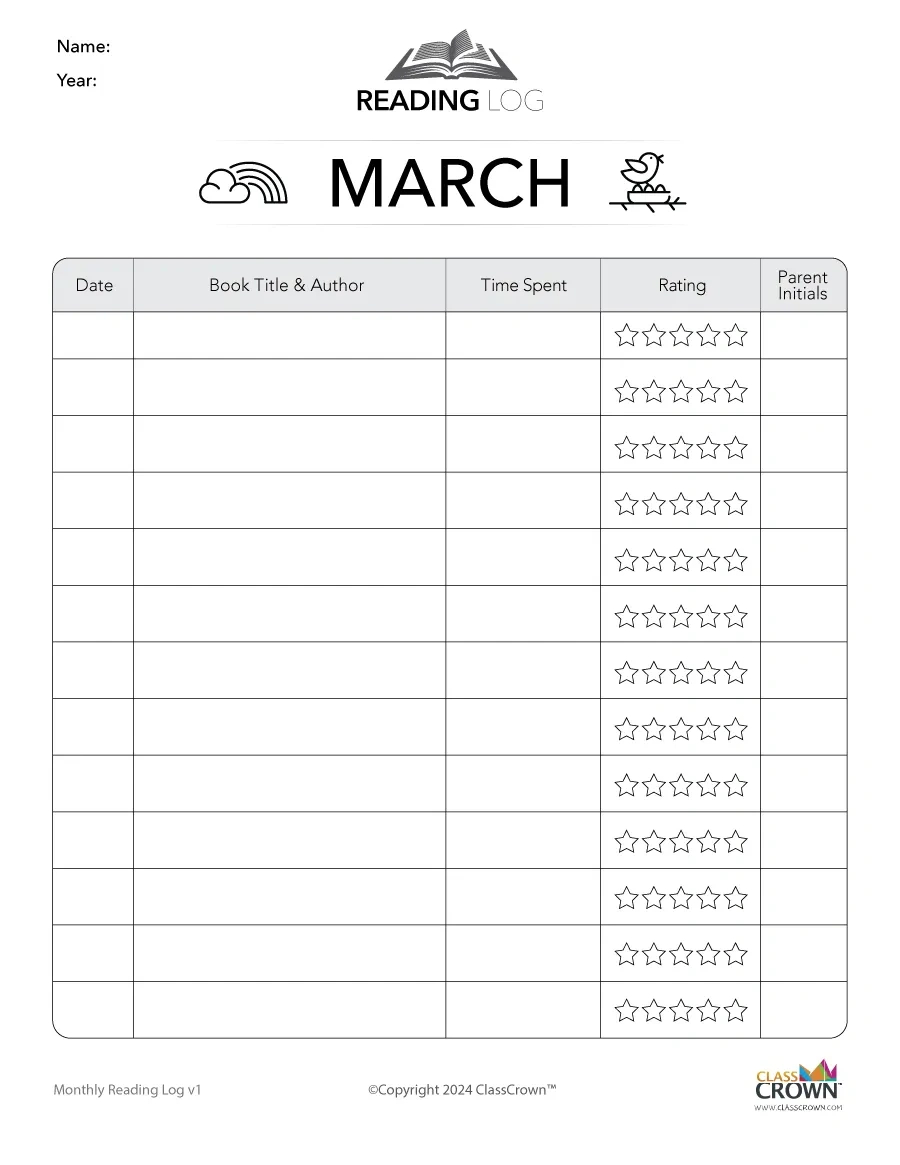 Reading Log: March - Free Reading Charts | Classcrown inside March Reading Log Free Printable