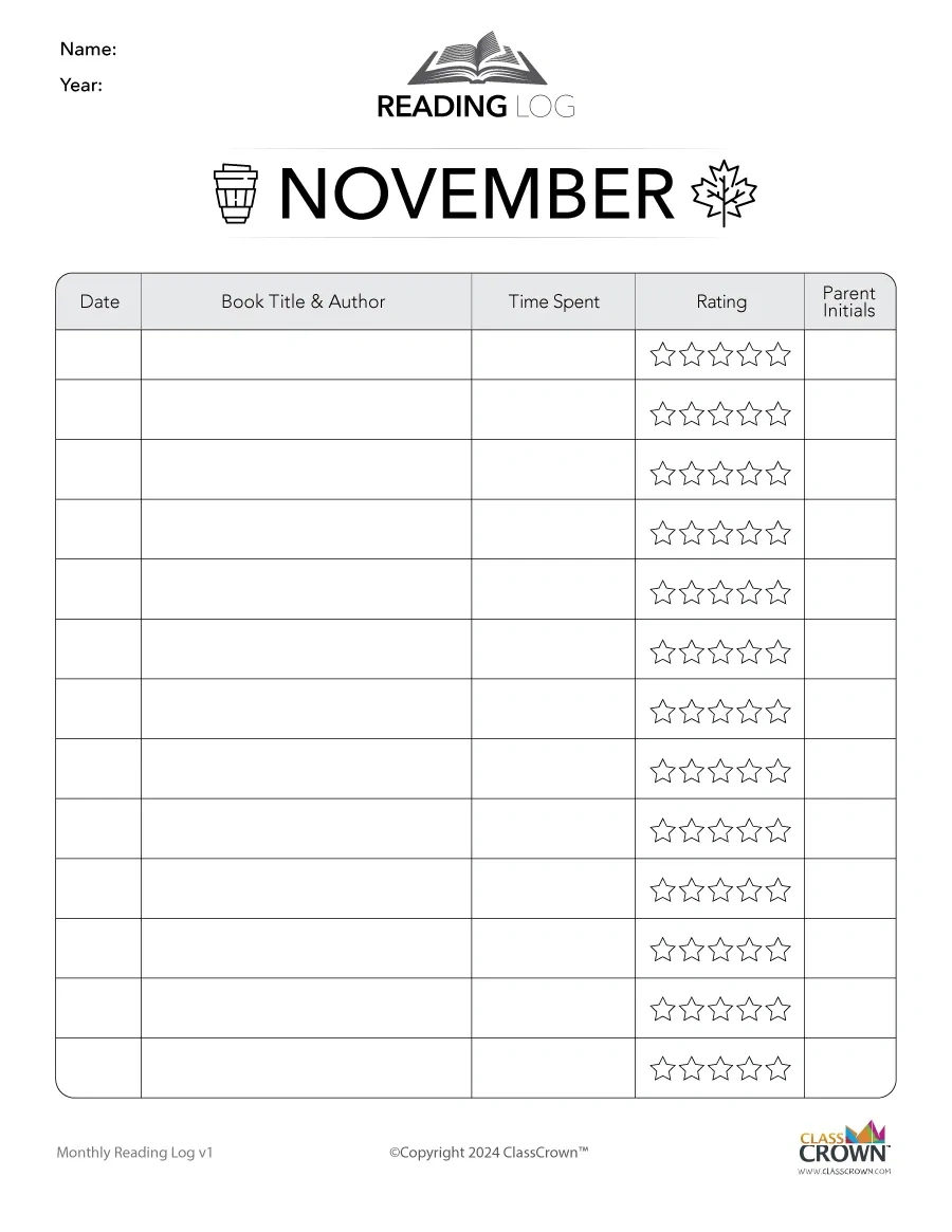Reading Log: November - Free Reading Charts | Classcrown throughout Printable November Reading Log