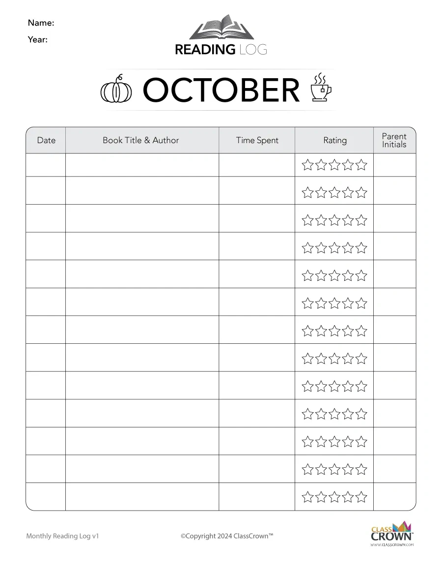 Reading Log: October - Free Reading Charts | Classcrown for October Reading Log Printable