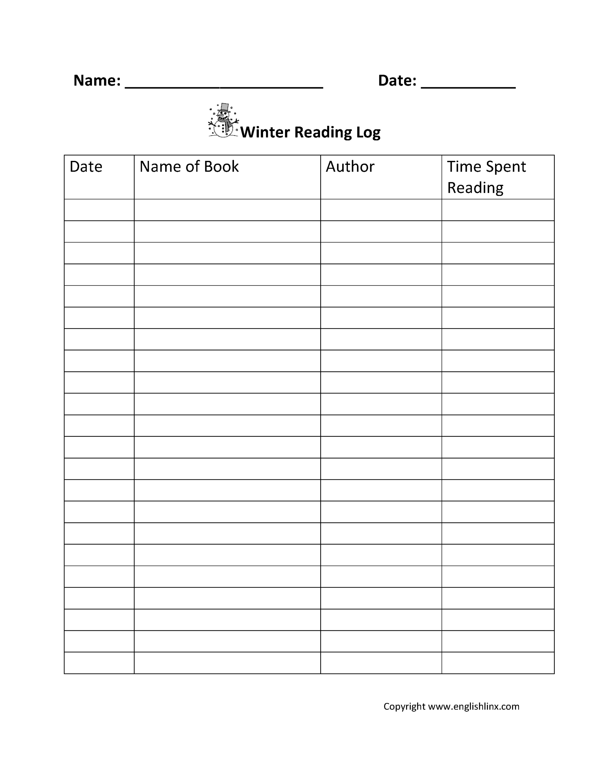 Reading Log Worksheets | Winter Reading Log in Winter Reading Log Printable