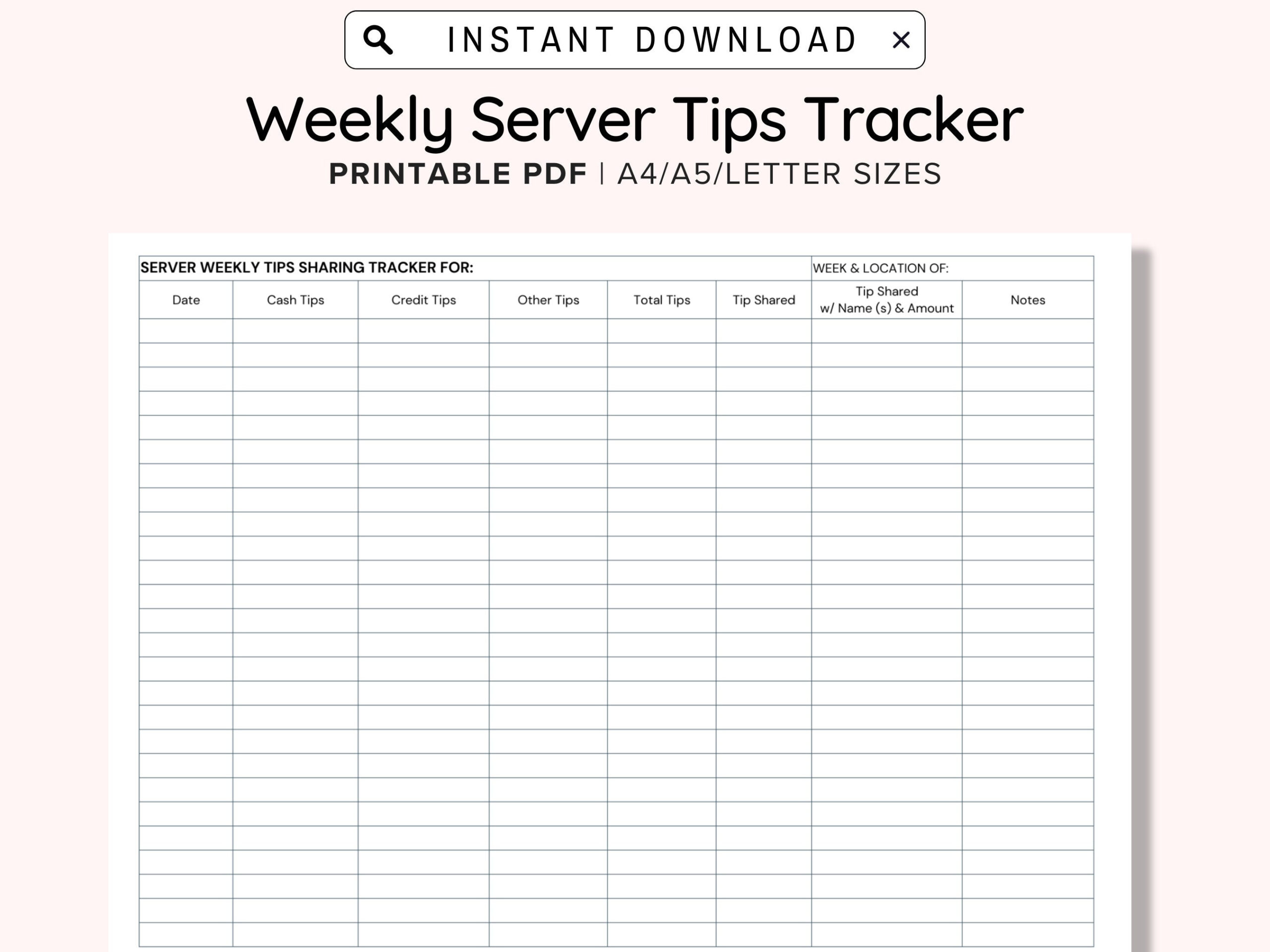 Server Tips Tracker Sheet Printable, For Tip Sharing Weekly with regard to Free Printable Tip Tracker