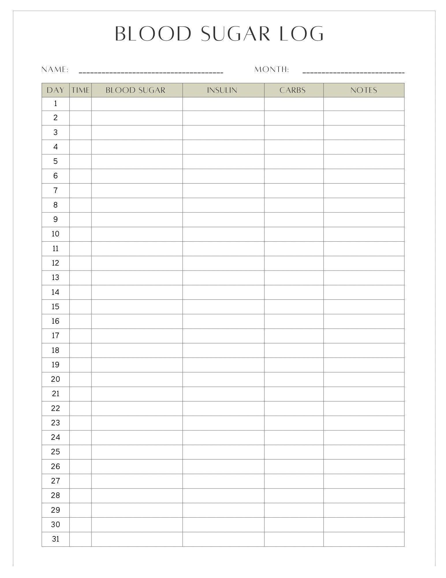Simple Downloadable Blood Sugar Log Sheet - Etsy intended for Printable Glucose Tracking Chart
