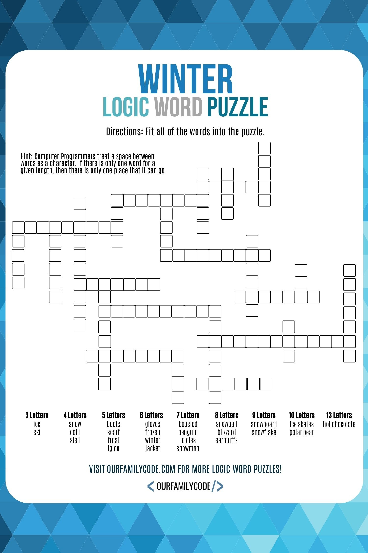 Snow Day Winter Logic Word Puzzle - Our Family Code with Winter Logic Puzzles Printable Free