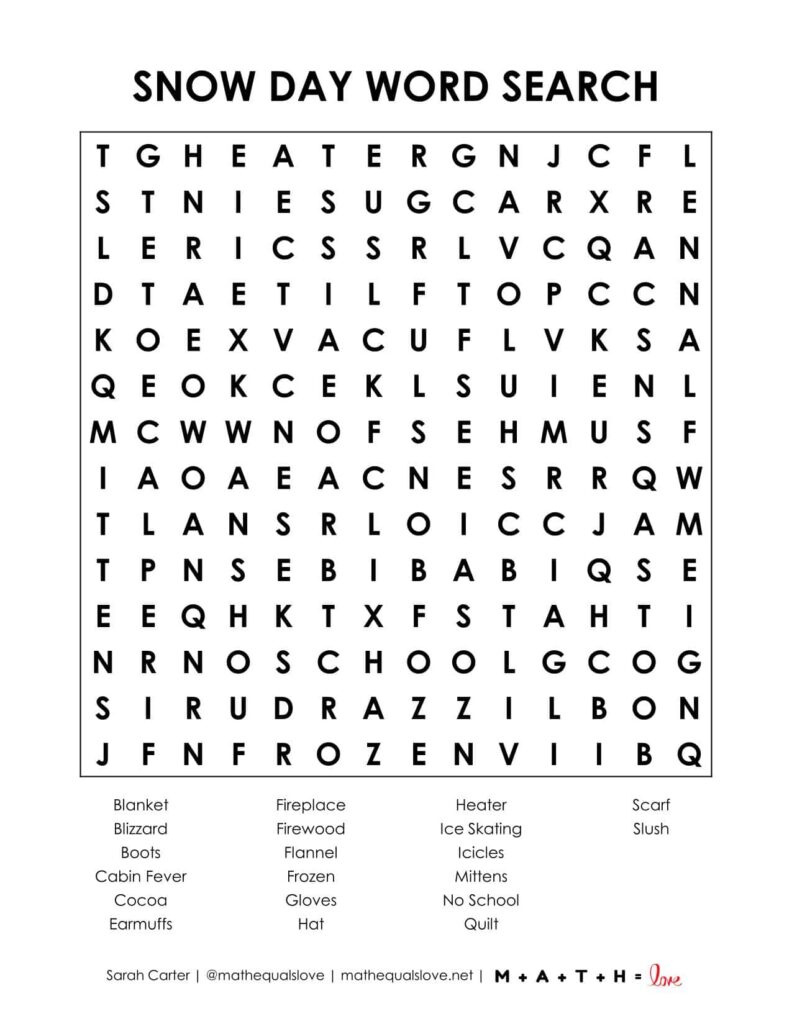 Snow Day Word Search | Math = Love throughout Snow Day Word Search Free Printable