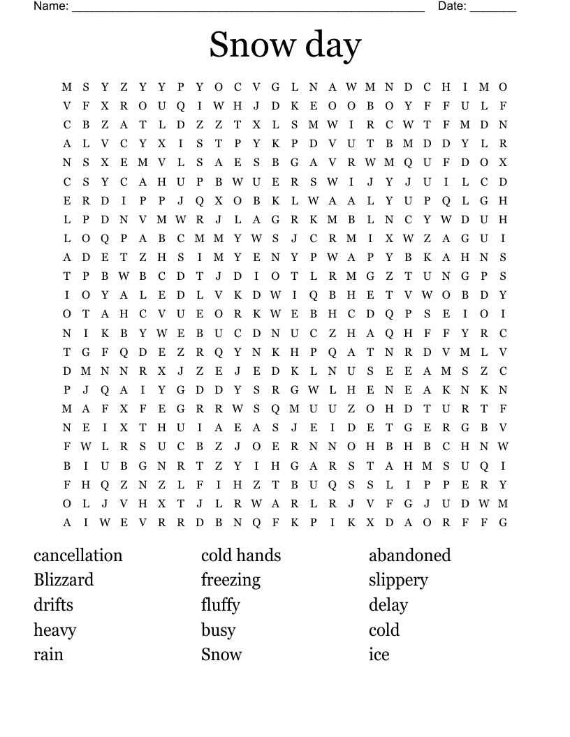 Snow Day Word Search - Wordmint with Snow Day Word Search Free Printable