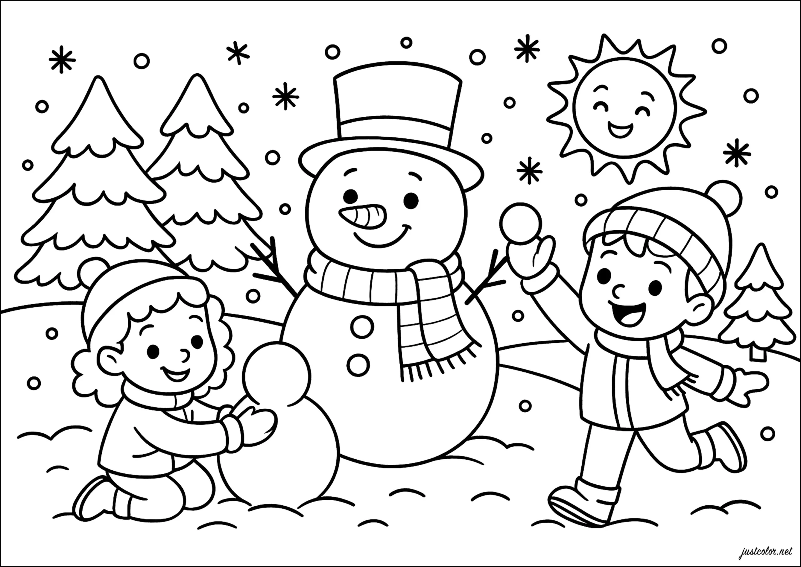 Snowman Surroundedchildren - Winter Coloring Pages inside Printable Winter Coloring Pages For Kids