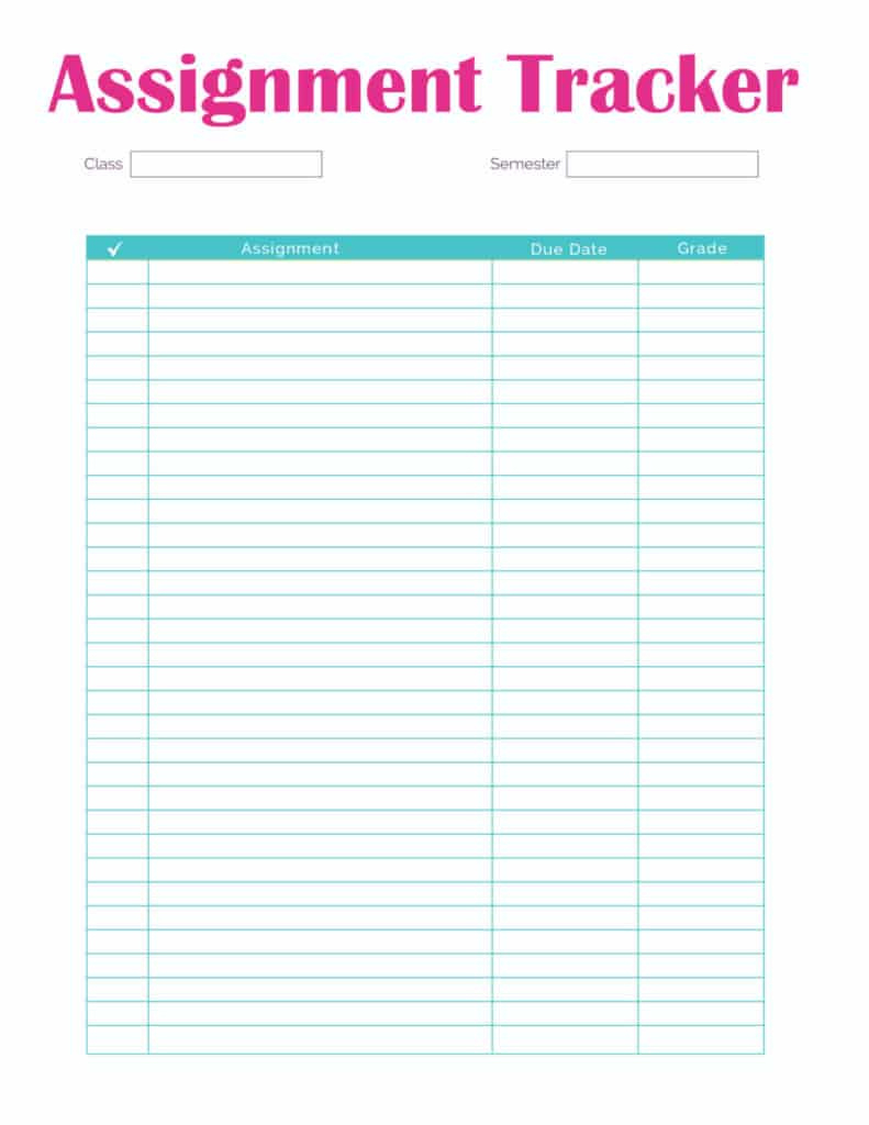 Student Assignment Tracker Template Printable within Free Printable Homework Tracker