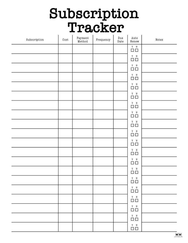 Subscription Trackers - 12 Free Printables | Printabulls in Free Printable Subscription Tracker