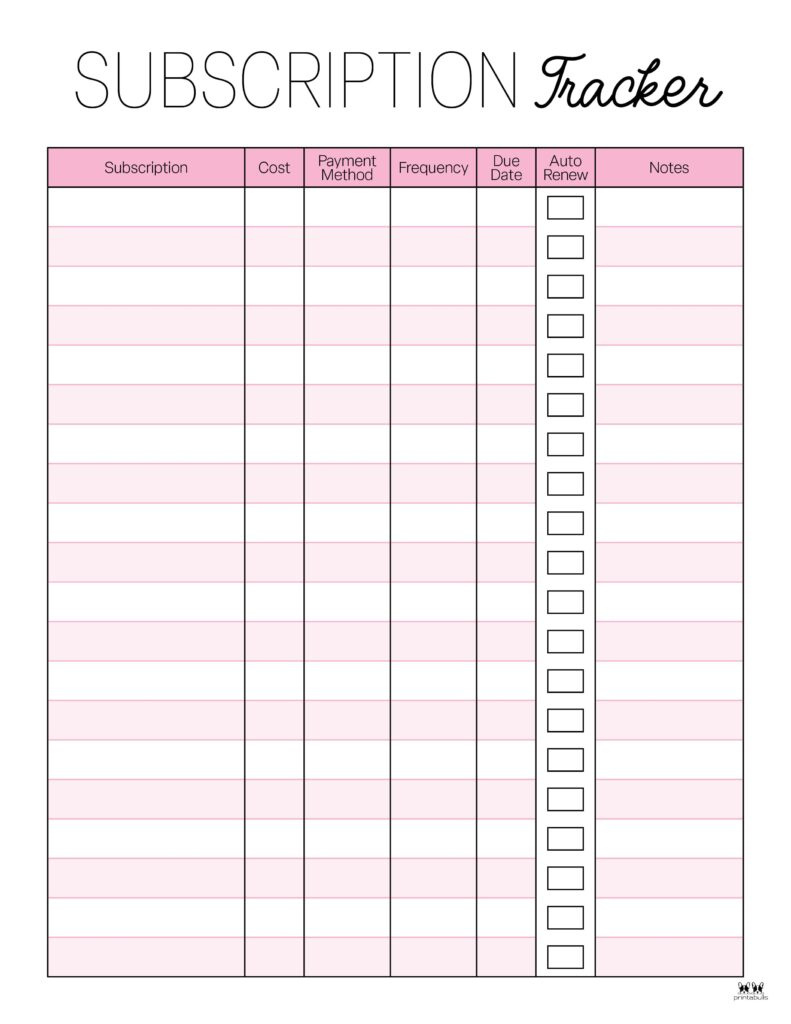 Subscription Trackers - 12 Free Printables | Printabulls intended for Free Printable Subscription Tracker