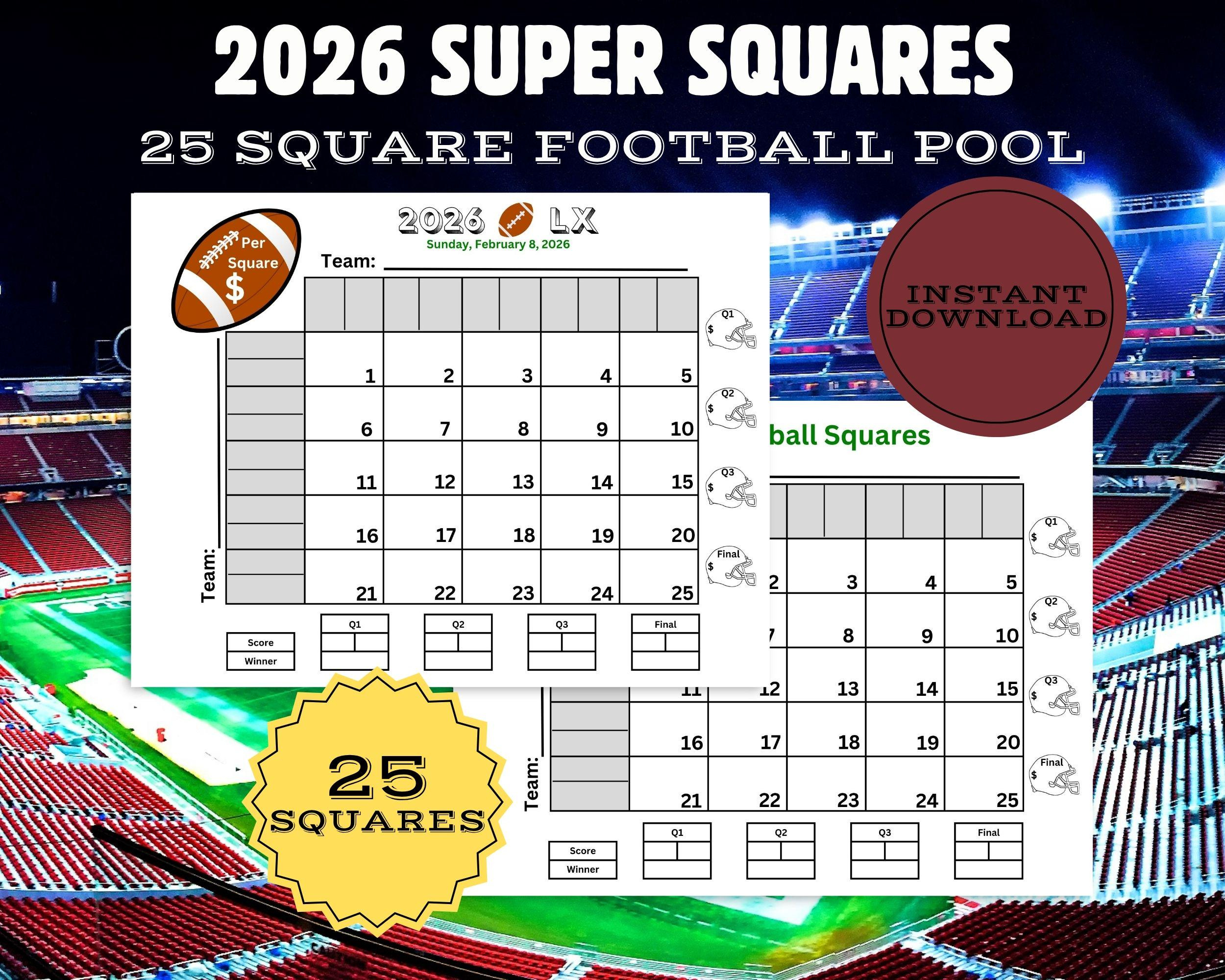 Super Big Game Football Squares, Printable 25 Square Football Pool for Super Bowl 2026 Squares Printable Free