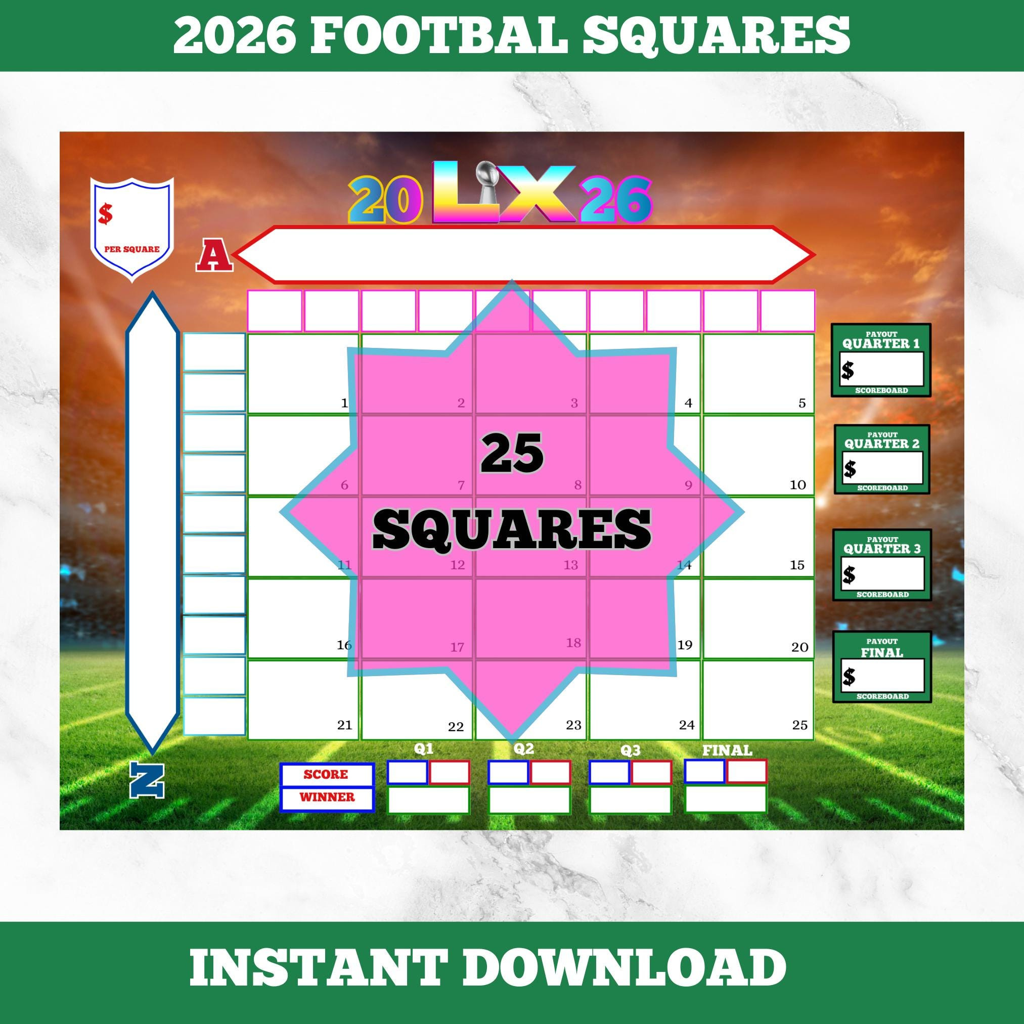 Superbowl Square Template 2026 - Etsy throughout Super Bowl Square Template 2026 Printable