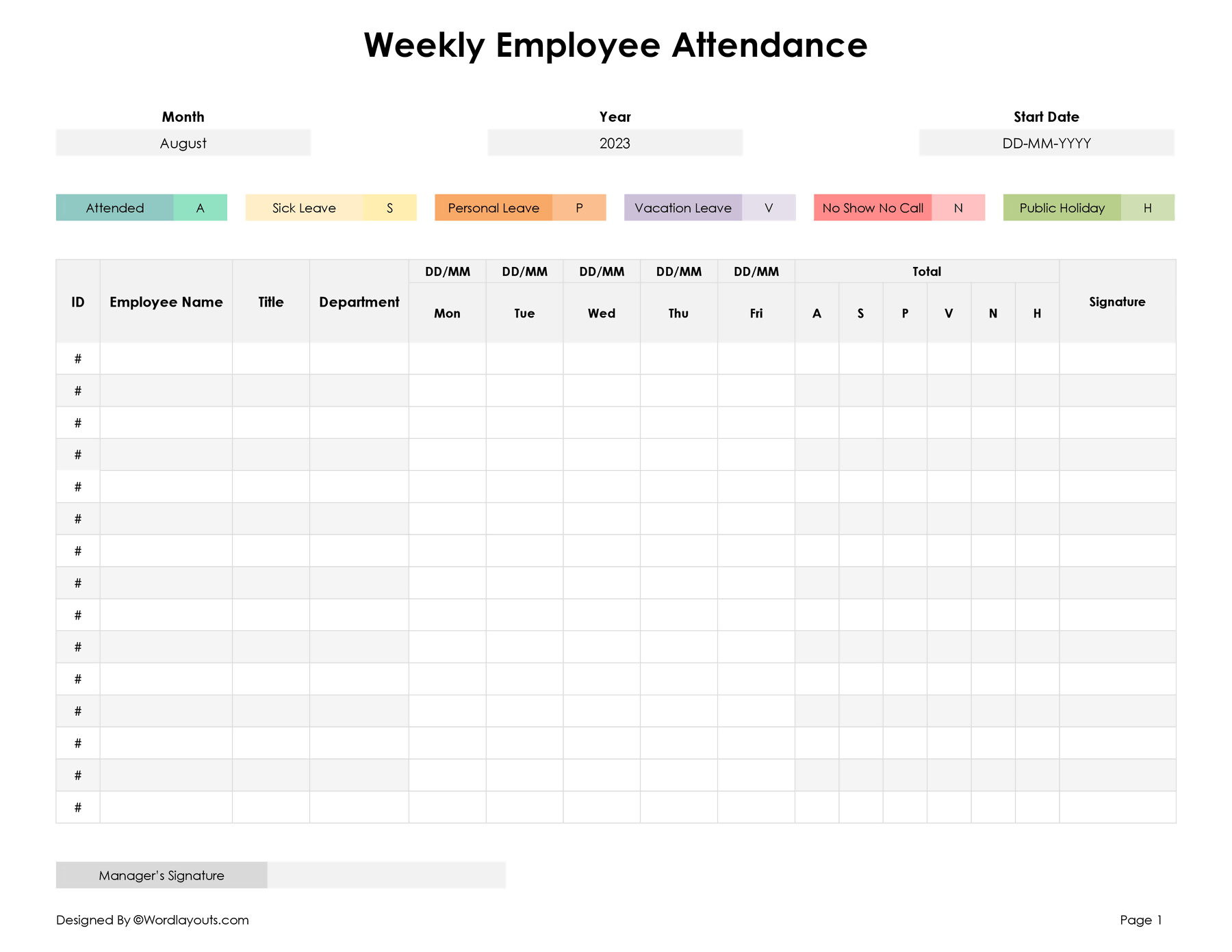 Weekly Attendance Sheet Template For Excel &amp;amp; Word inside Printable Employee Attendance Tracker
