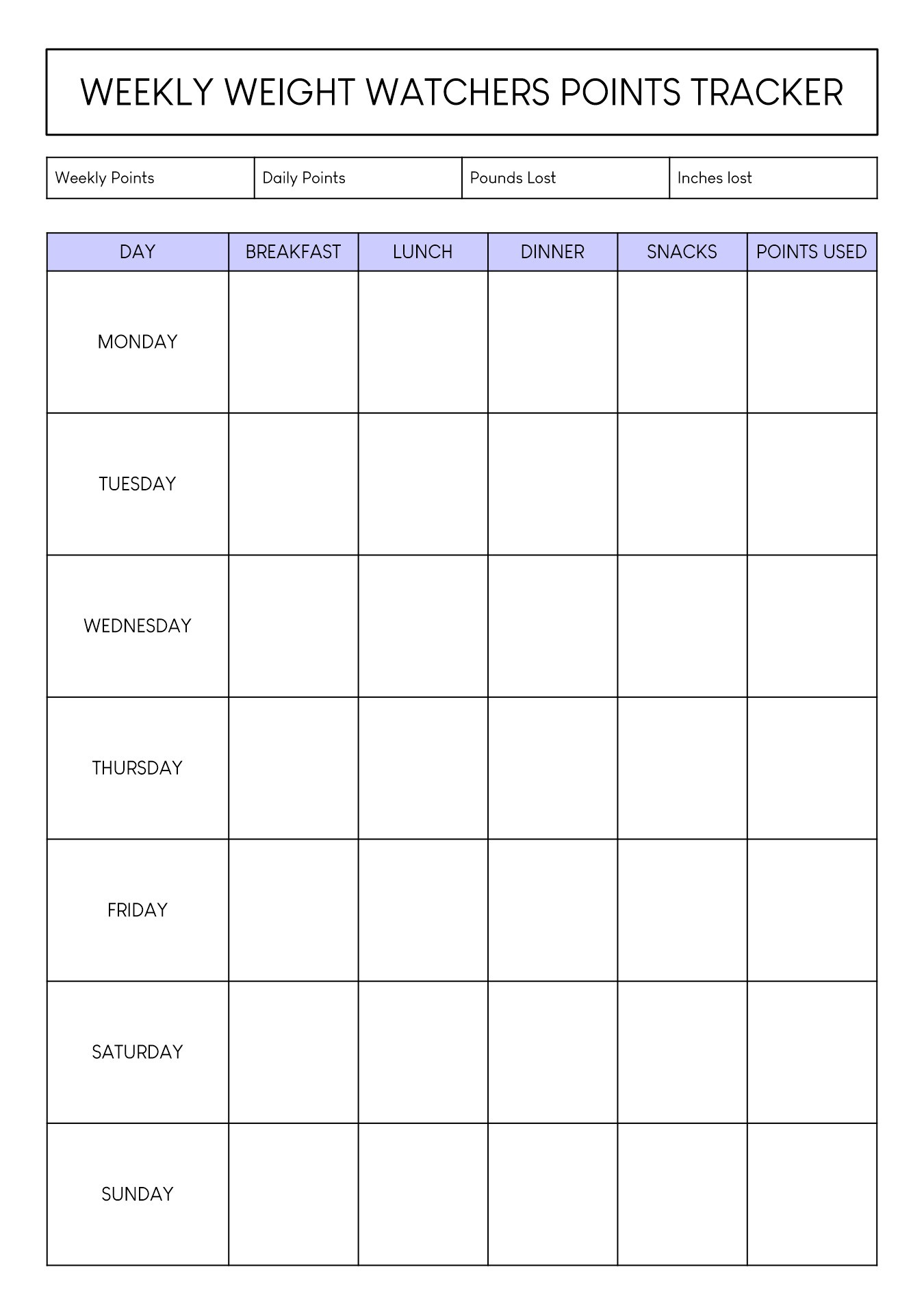 Weight Watchers Point Tracker Sheet - 11 Free Pdf Printables in Printable Ww Points Plus Tracker