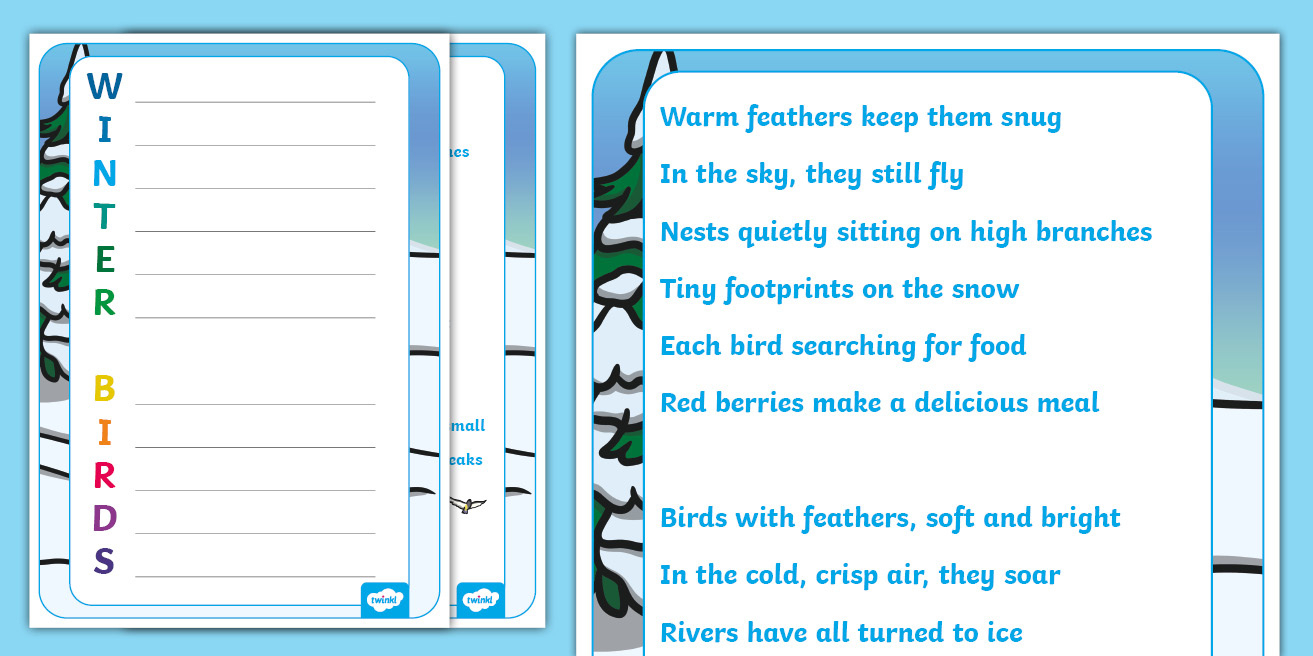 Winter Birds Acrostic Poem Example And Template in Winter Acrostic Poem Printable