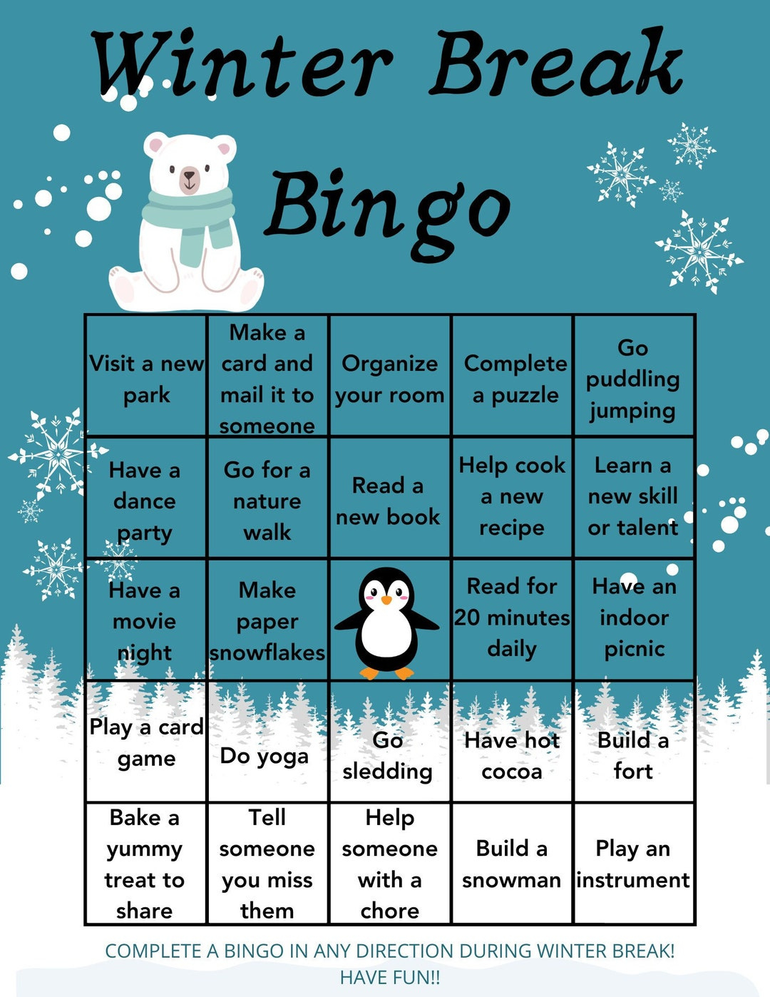 Winter Break Bingo Board Für Kinder - Etsy.de with Winter Break Bingo Printable