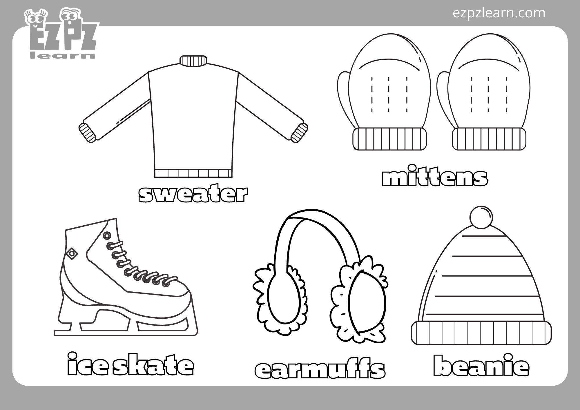 Winter Clothes Coloring Page2 - Ezpzlearn throughout Winter Clothes Printable Pictures