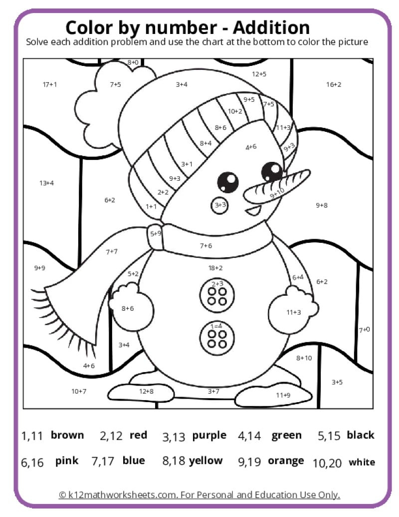 Winter Colornumber Pages - K12 Math Worksheets with Free Printable Winter Color By Number Pages