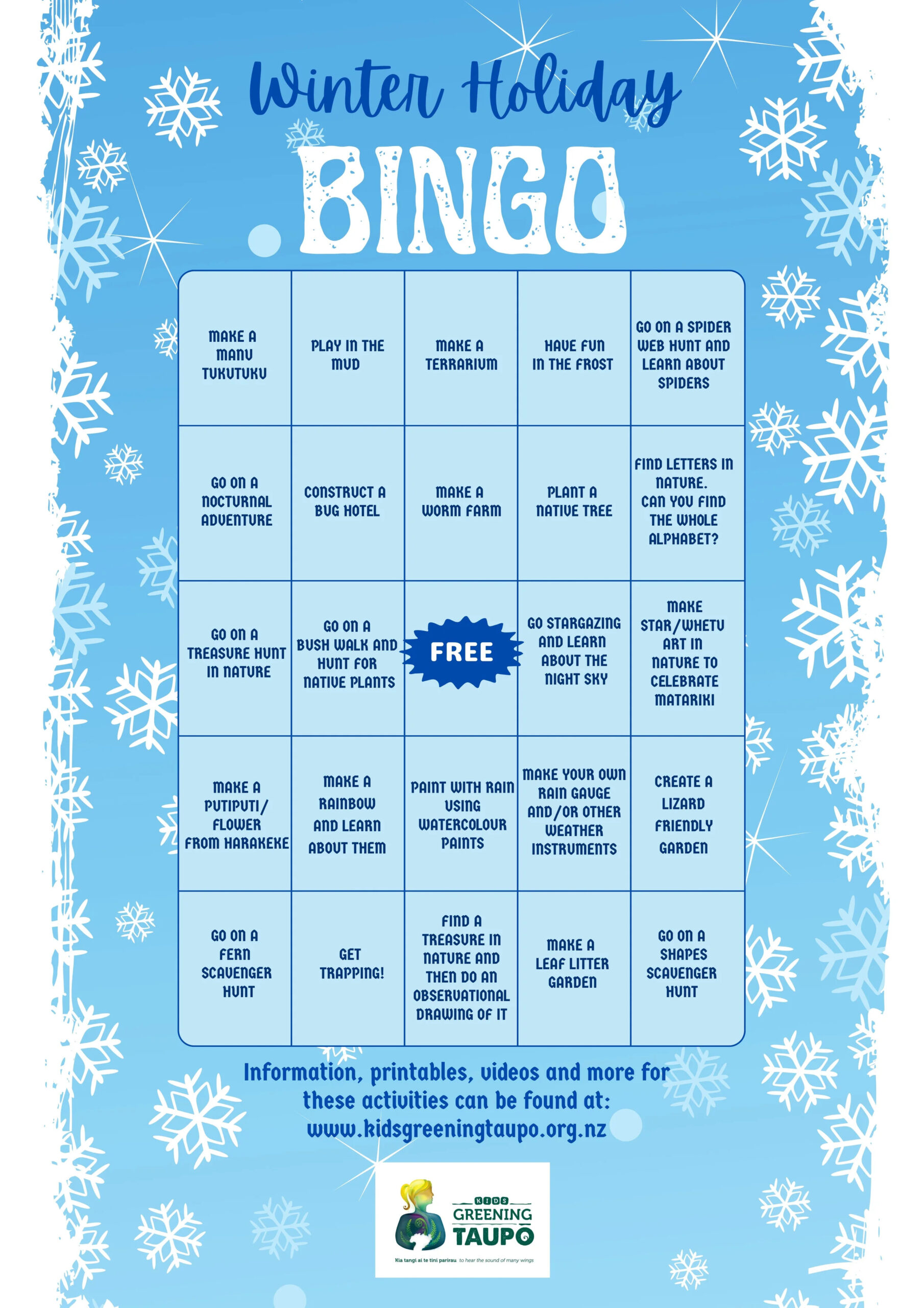 Winter Holiday Bingo — Kids Greening Taupō | Learning Through Nature throughout Winter Break Bingo Printable