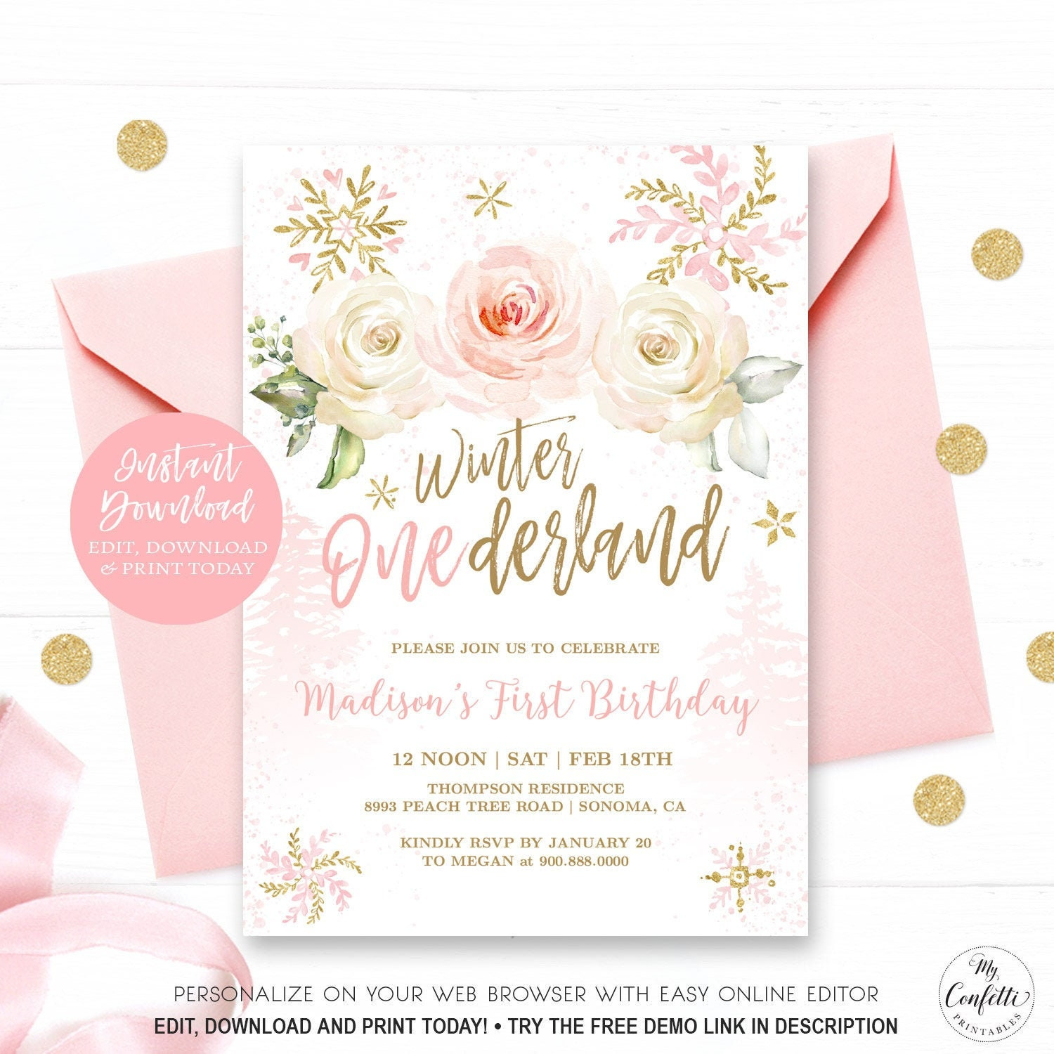 Winter Onederland Birthday Invitation Girl, Printable First intended for Winter Onederland Printable Invitations