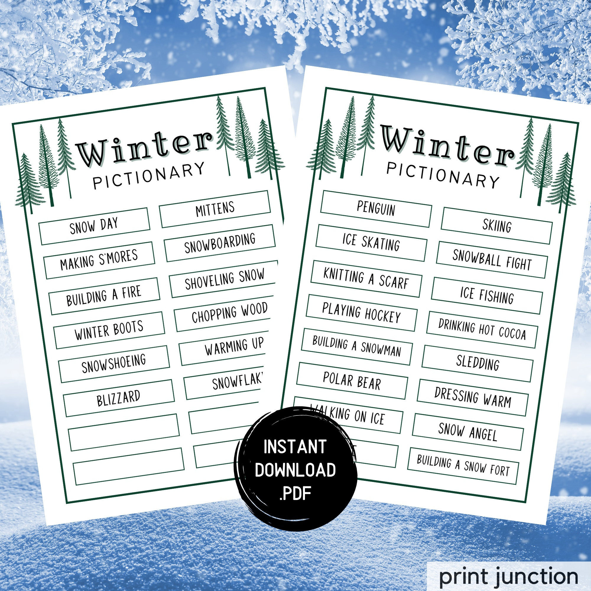 Winter Pictionary Game, Printable Holiday Activity, Winter Games regarding Winter Pictionary Word List Printable