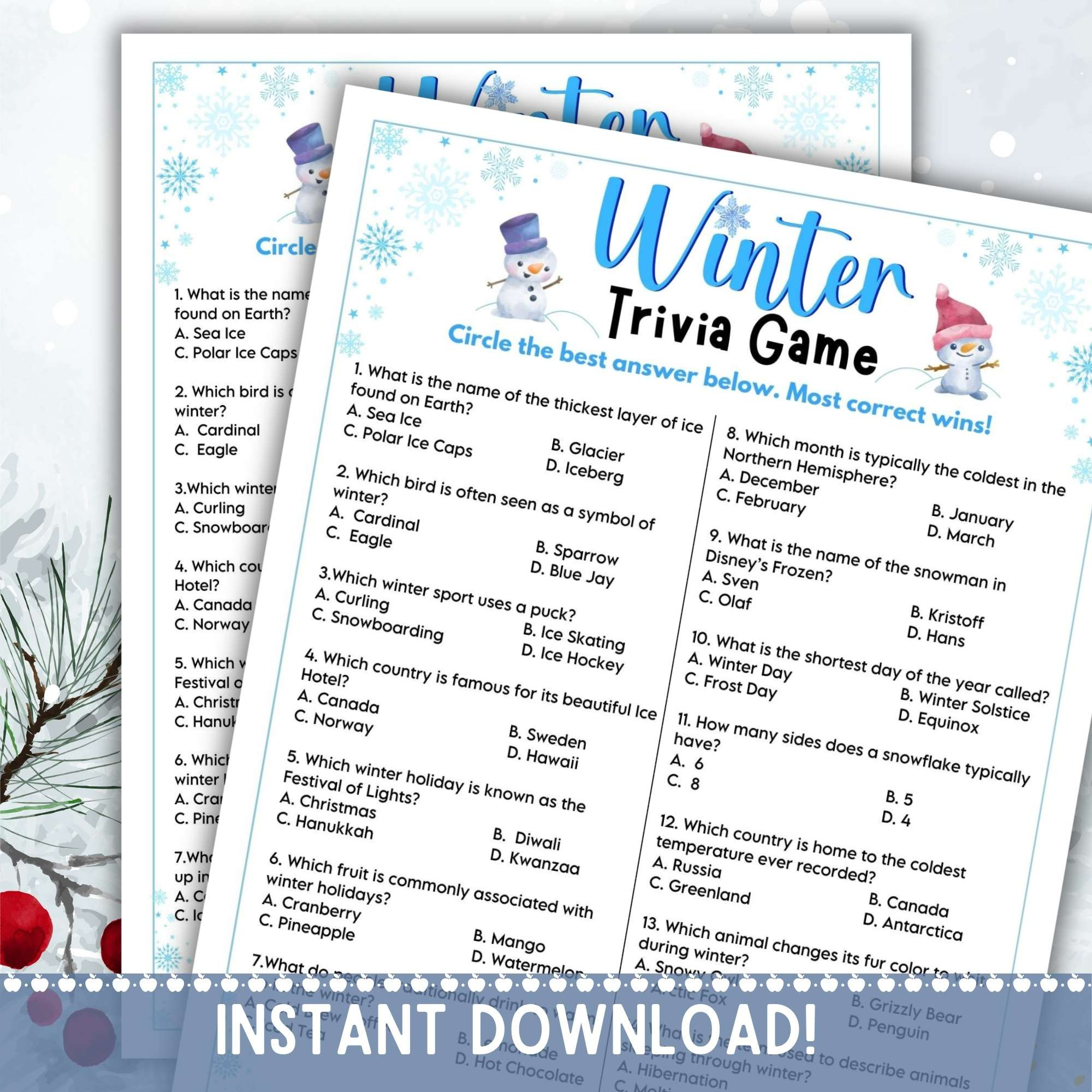 Winter Trivia Game | Lightly Sketched for Free Printable Winter Trivia