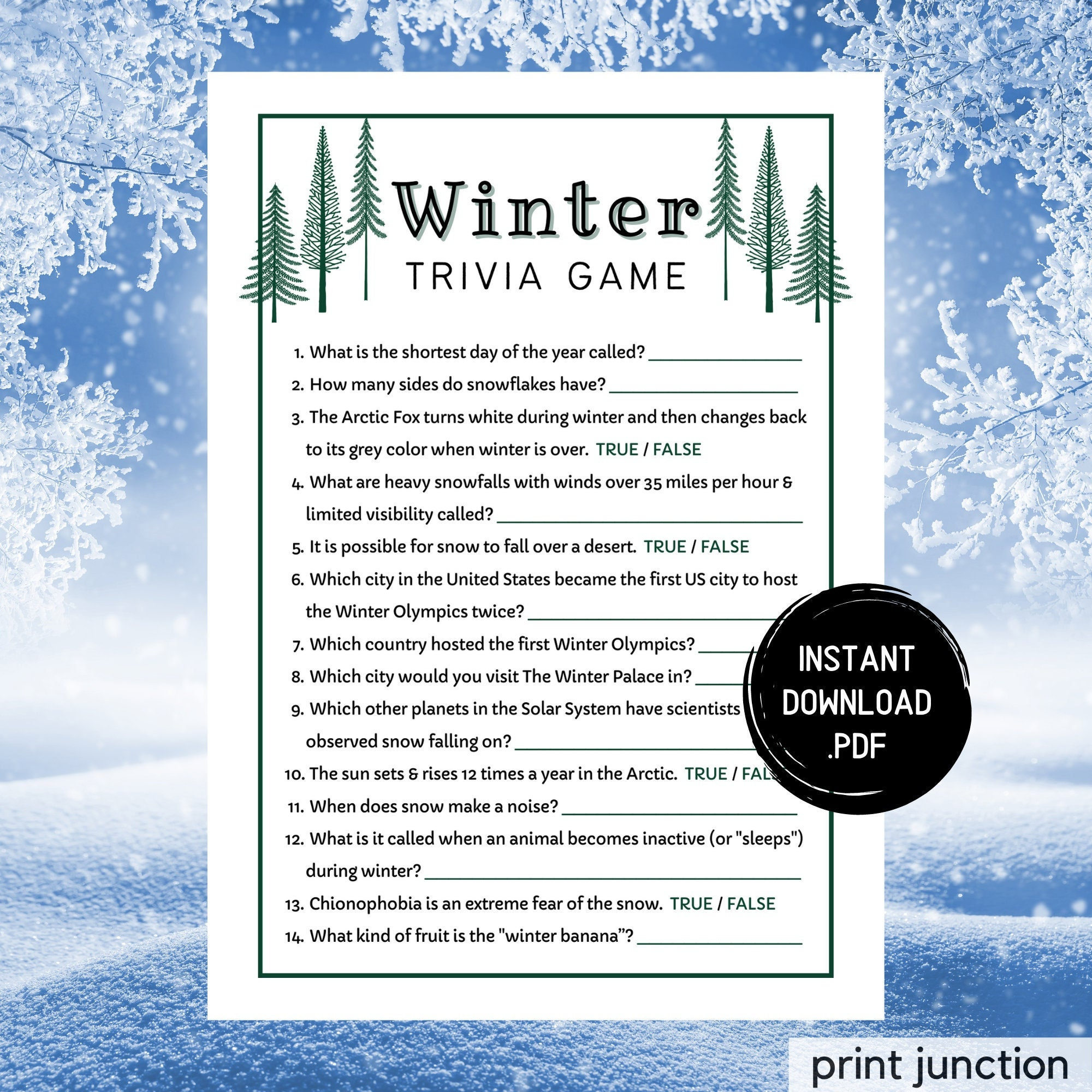 Winter Trivia Game, Printable Holiday Activity, Winter Games regarding General Knowledge Winter Trivia Questions And Answers Printable