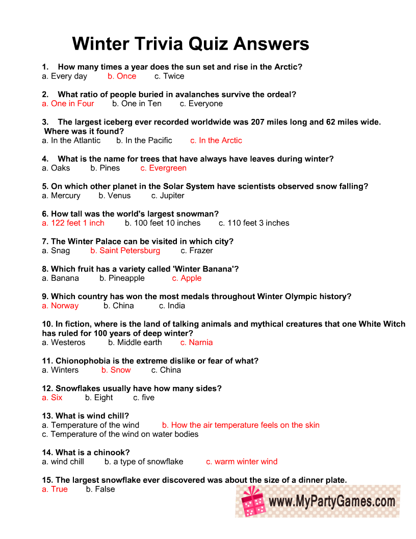 Winter Trivia Questions And Answers for General Knowledge Winter Trivia Questions and Answers Printable