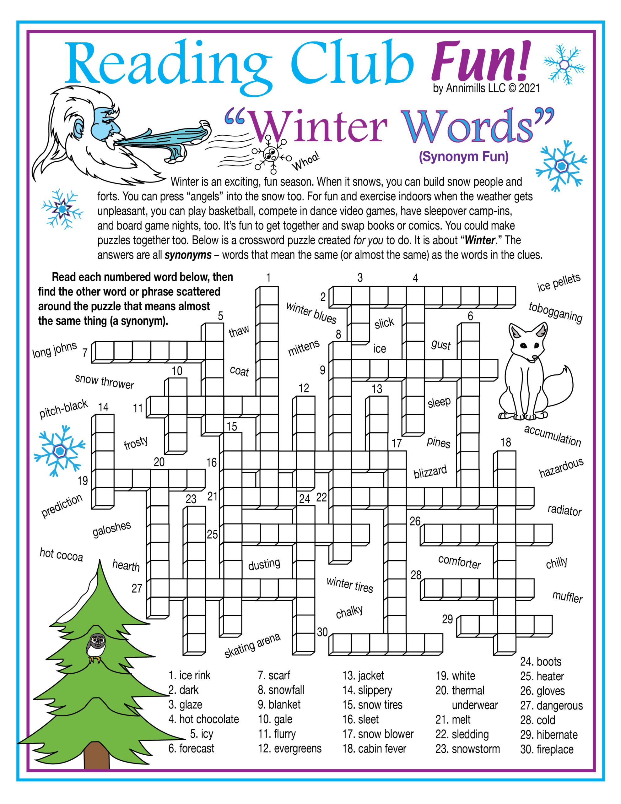 Winter Vocabulary - Synonyms - Printable Crossword Puzzle & Word inside Printable Winter Crossword Puzzles