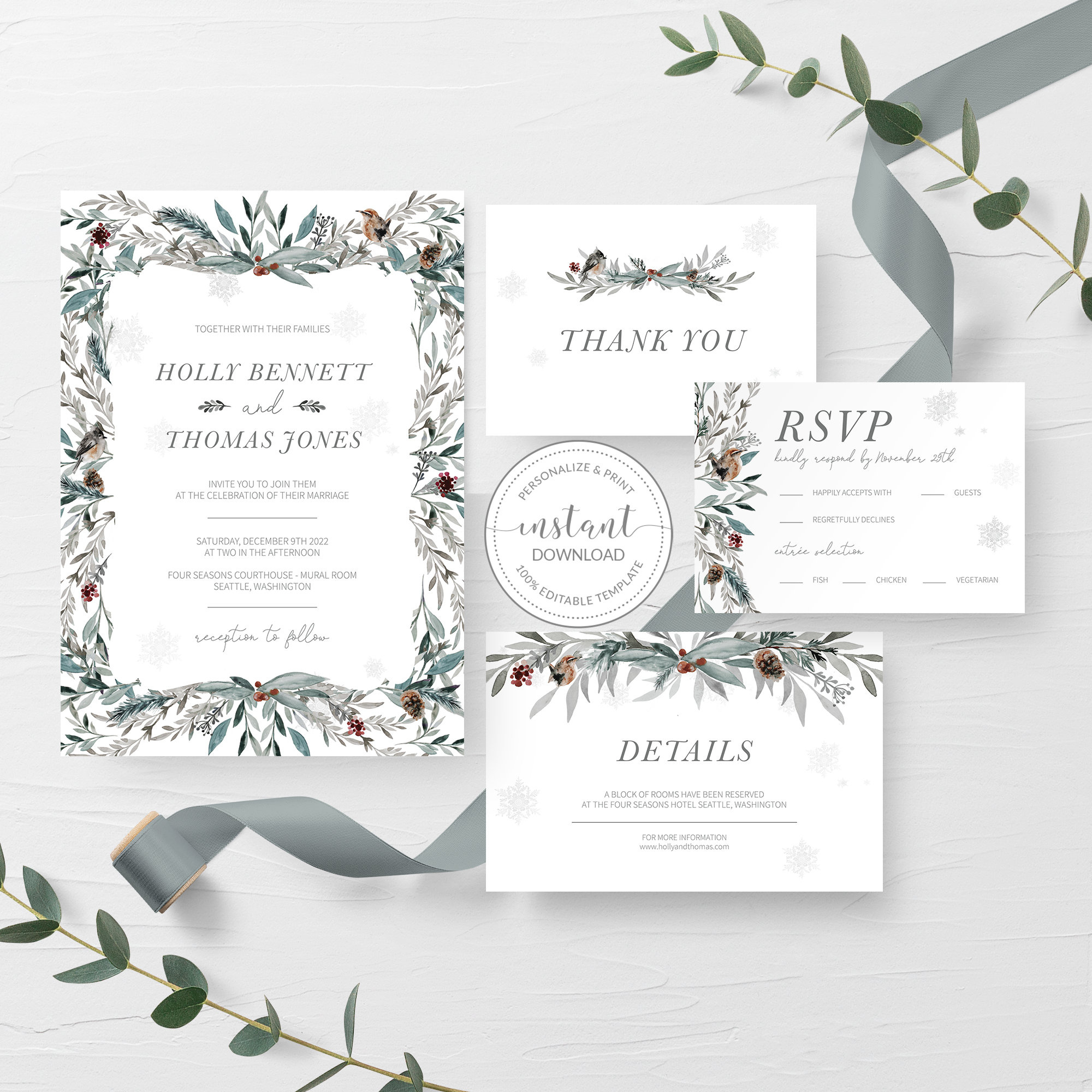 Winter Wedding Invitation Template, Christmas Wedding Invitation pertaining to Printable Winter Wedding Invitations