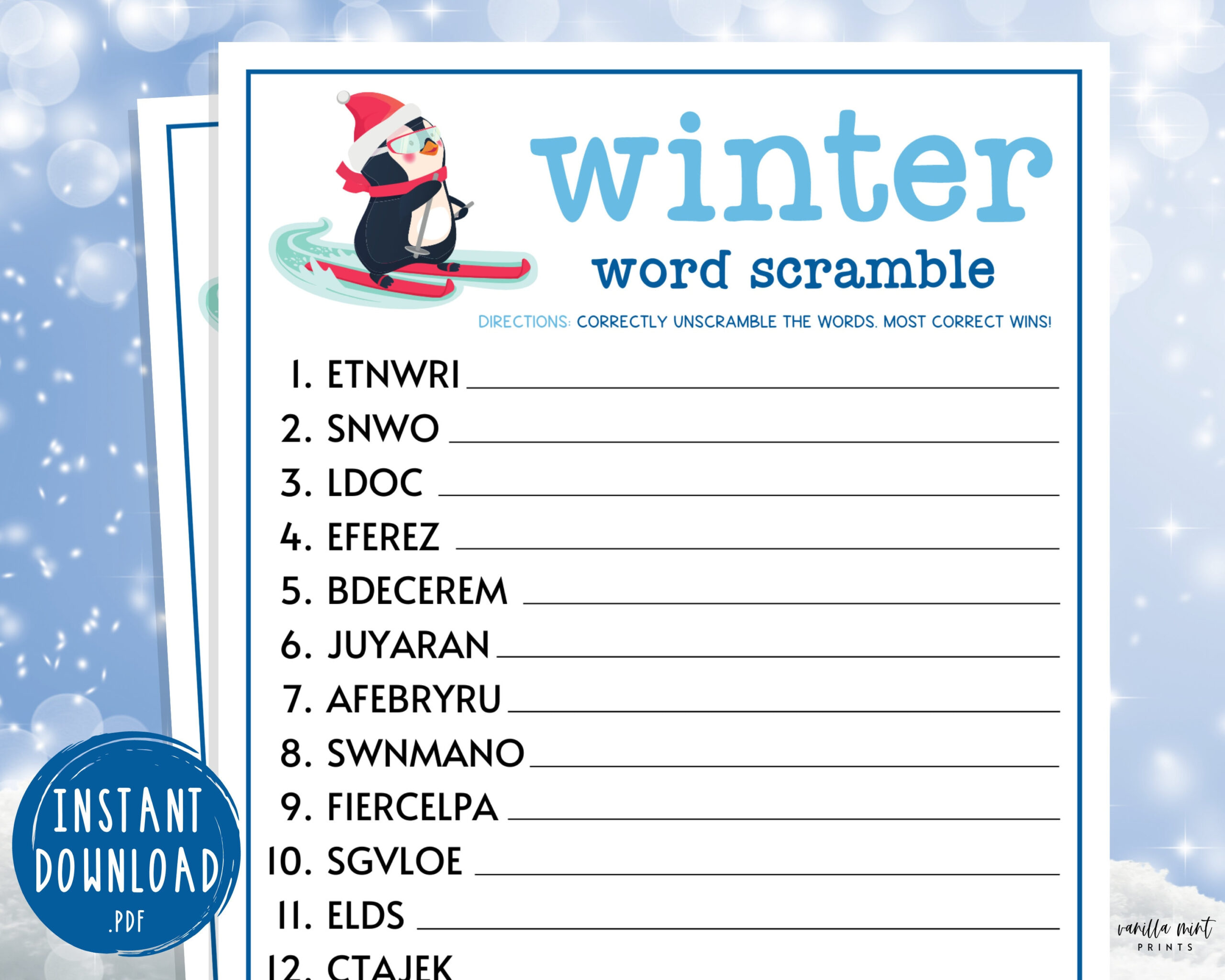 Winter Word Scramble Game | Printable Winter Games | Wintertime for Winter Word Games Printable