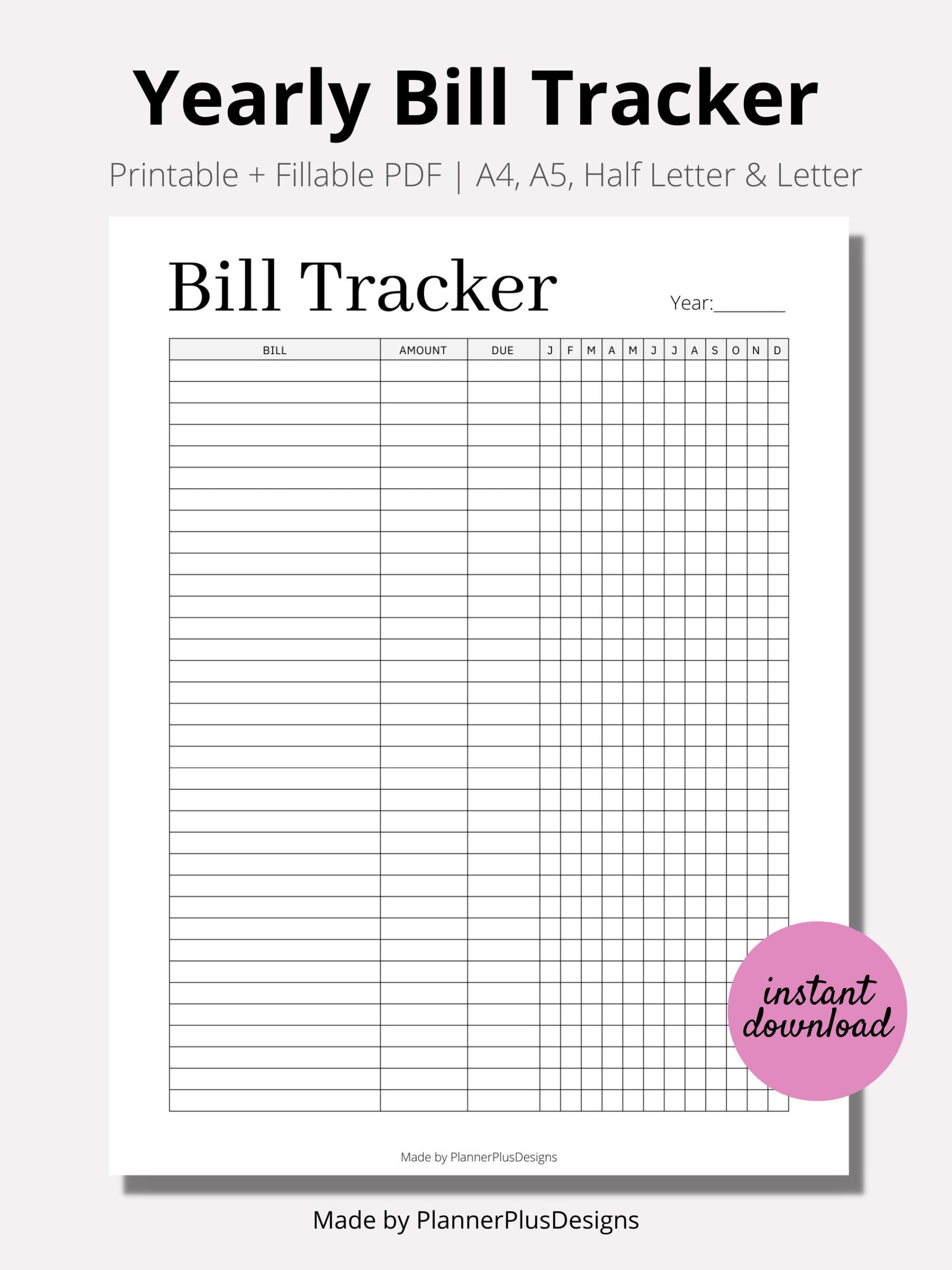 Yearly Bill Payment Tracker Printable, Bill Log Planner, Bill regarding Yearly Bill Tracker Printable