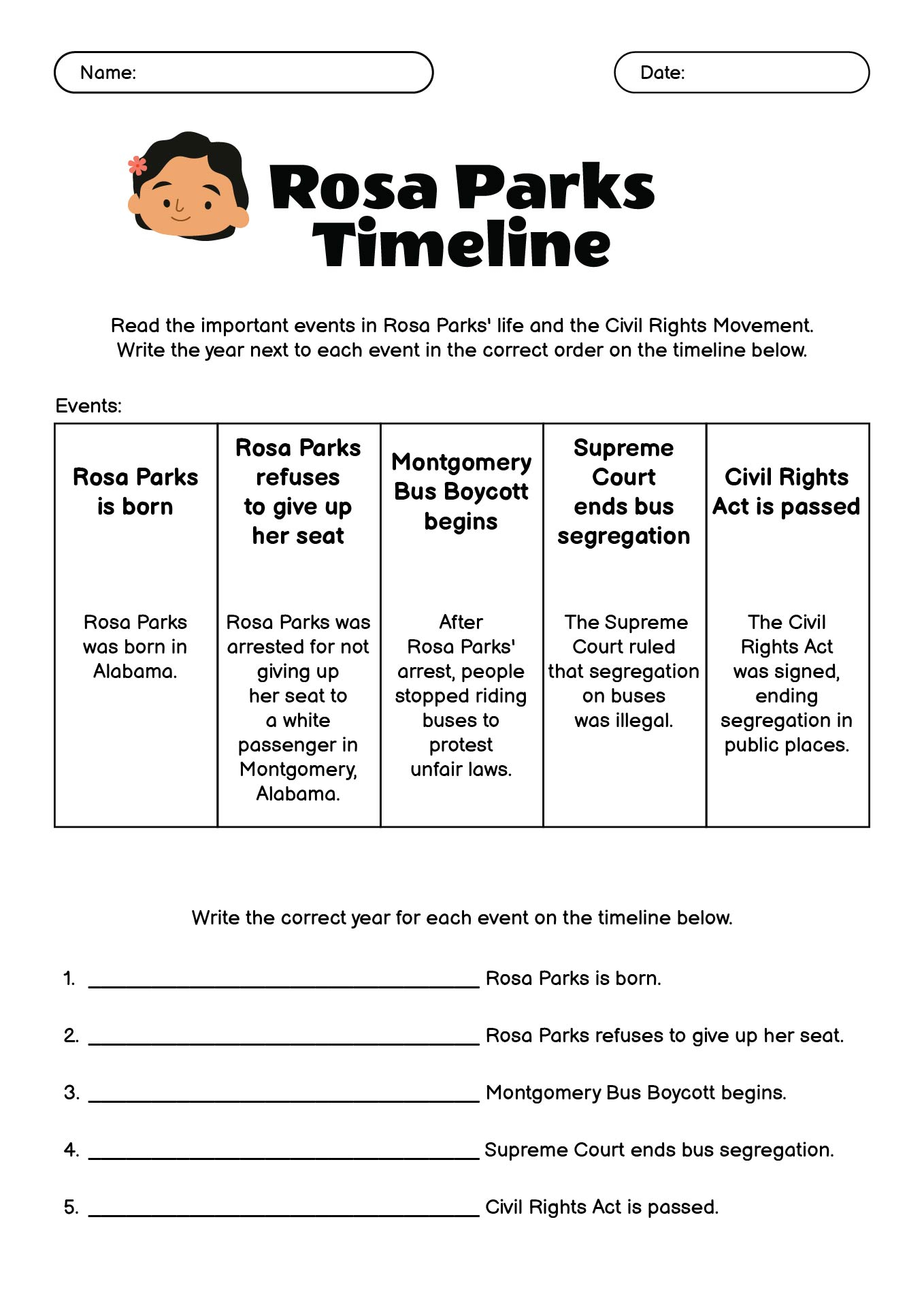 14 Rosa Parks Timeline Worksheet - Free Pdf At Worksheeto inside Rosa Parks Printable Biographical Timeline Black and White