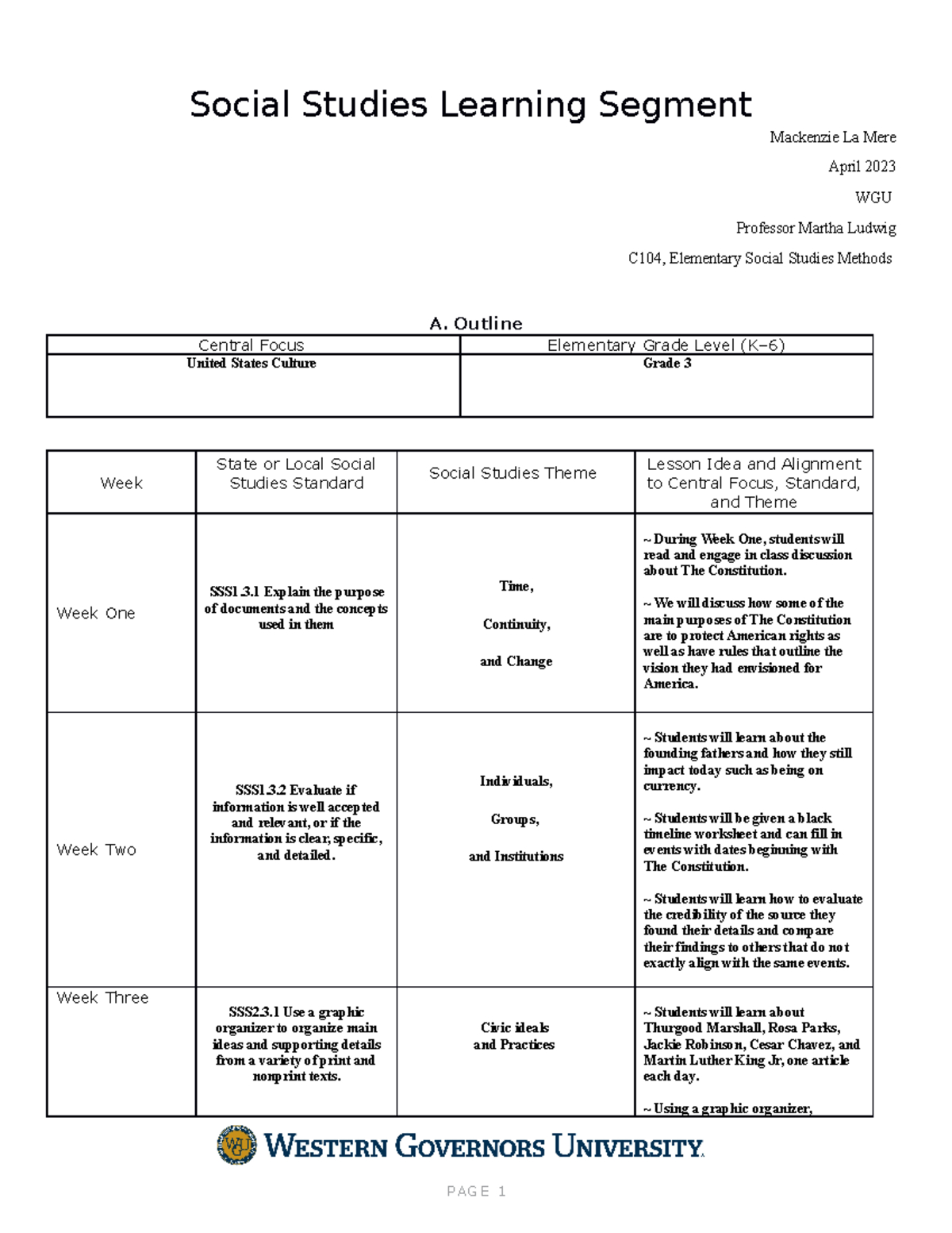 3Rd Grade Social Studies Learning Segment Outline (C104) - Studocu throughout Biography Rosa Parks Ducksters Printable