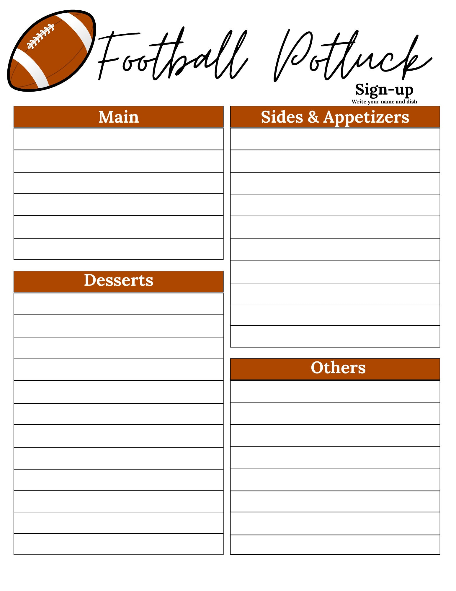 Football Potluck Sign Up Sheet | Football Potluck Sheet | Football with Free Printable Super Bowl Potluck Sign Up Sheet