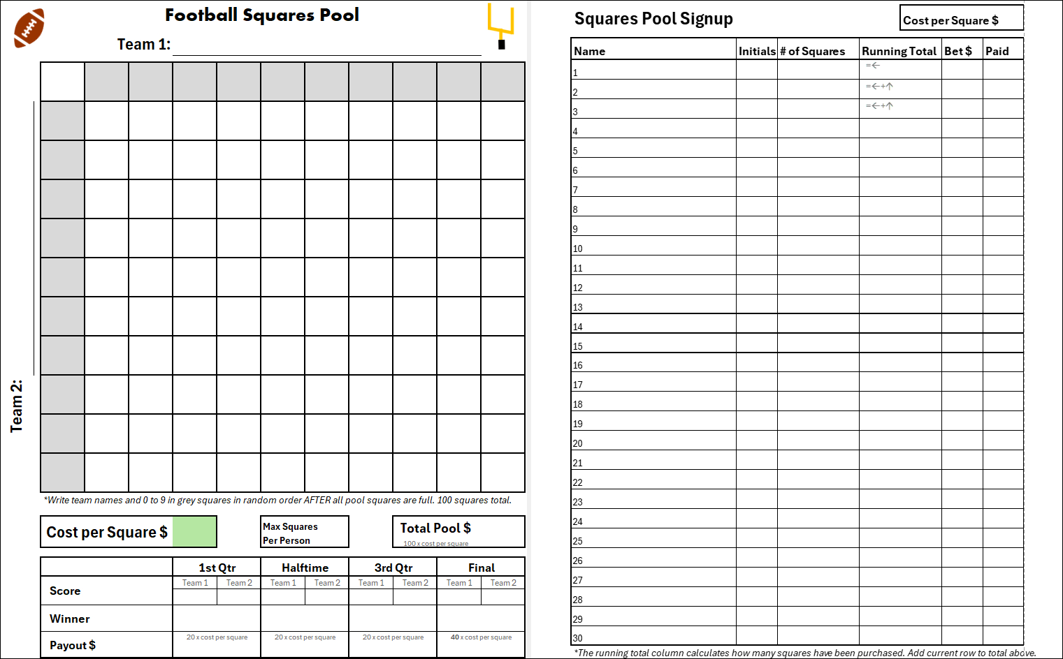 Football Squares Pool - Free Downloads For Pdf, Excel, Google for Printable Super Bowl Squares Template Excel