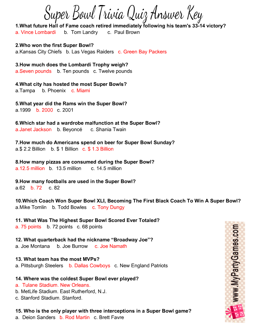 Free Printable Football Super Bowl Trivia Quiz in Fun Super Bowl Trivia Questions and Answers Printable