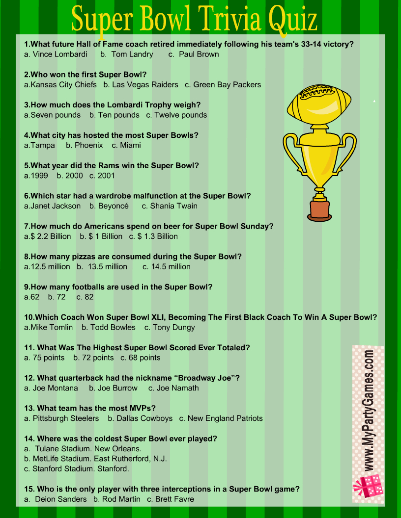 Free Printable Football Super Bowl Trivia Quiz in Printable Super Bowl Trivia