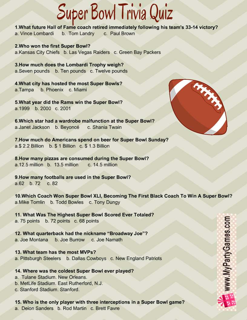 Free Printable Football Super Bowl Trivia Quiz regarding Printable Super Bowl Trivia Questions And Answers