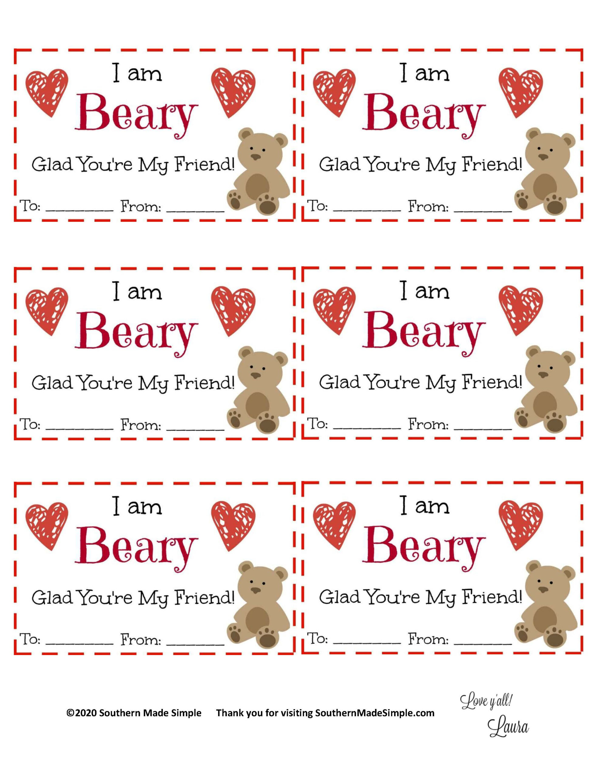 Free Printable: I'M Beary Glad You'Re My Friend Valentine in Gummy Bear Valentine Printable