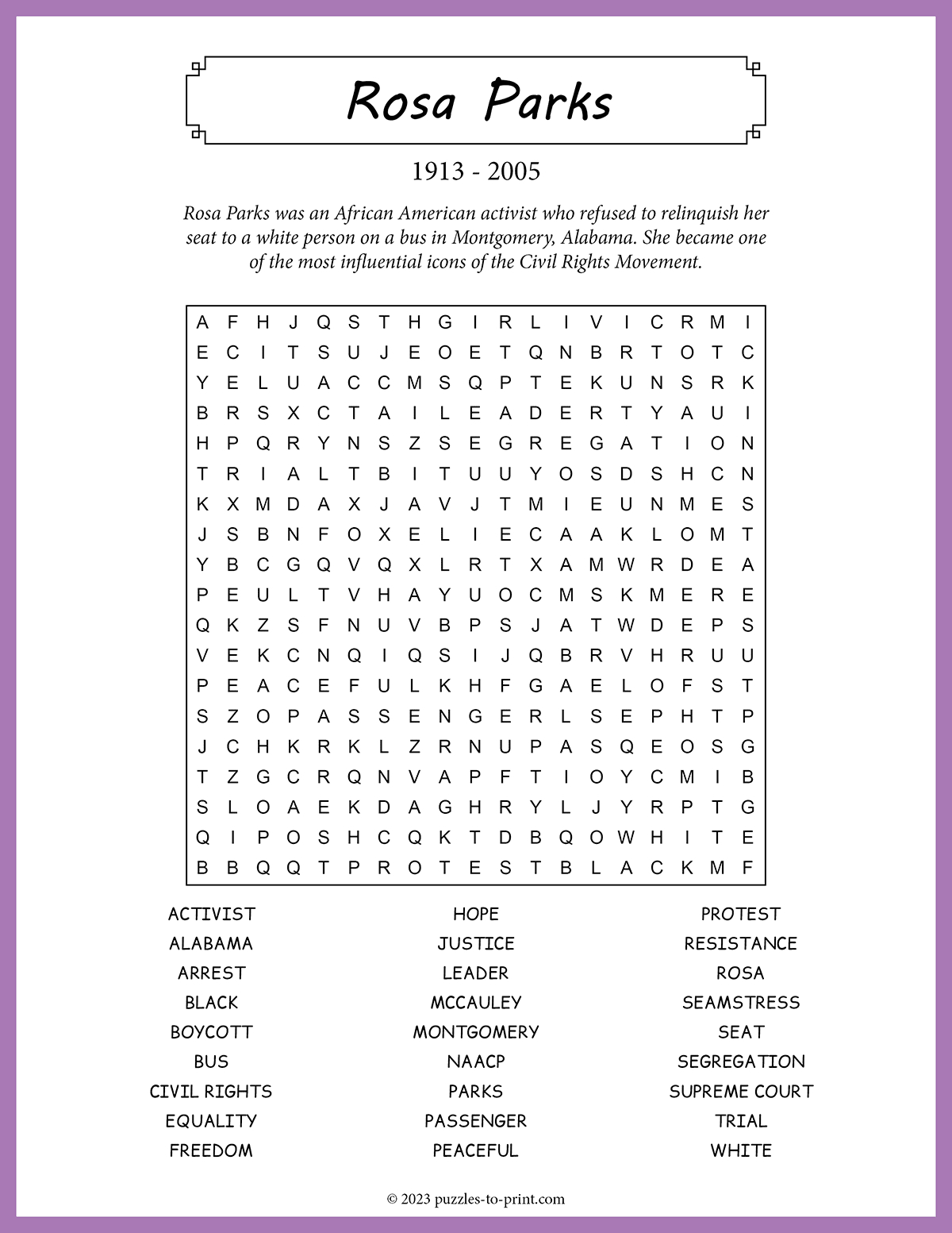 Free Printable Rosa Parks Word Search intended for Rosa Parks Word Search Printable