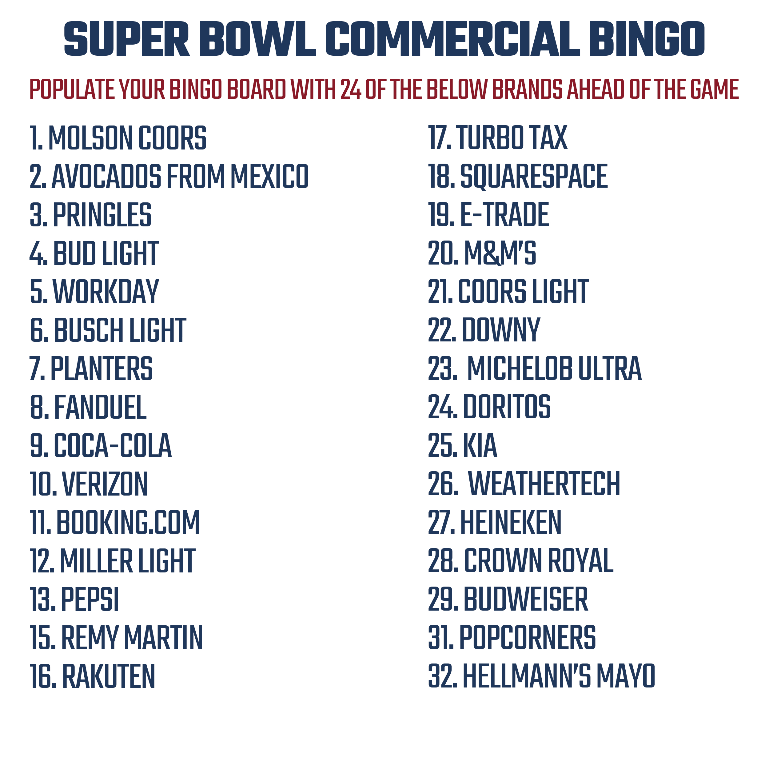 Free Printable Super Bowl 57 Commercial Bingo Cards For 2023 intended for Super Bowl Commercial Bingo Free Printable