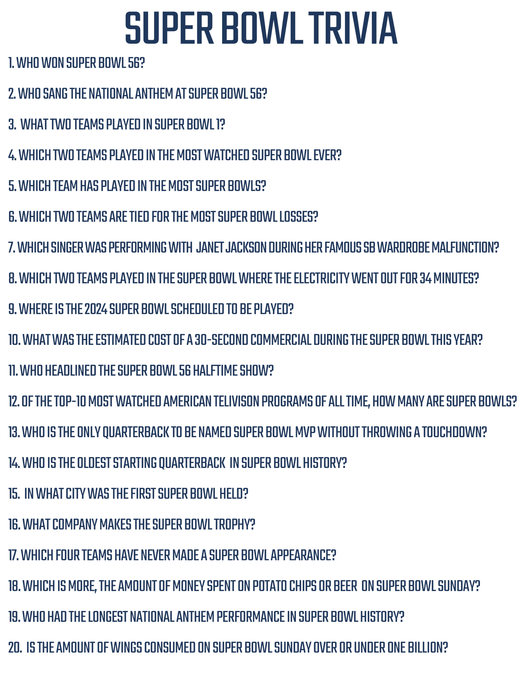 Free Printable Super Bowl 57 Trivia Cards For Chiefs Vs Eagles regarding Super Bowl Trivia Questions Printable