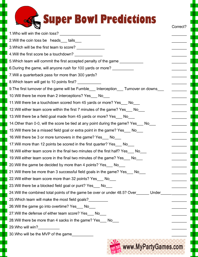 Free Printable Super Bowl Predictions Game Card pertaining to Super Bowl Prediction Game Printable